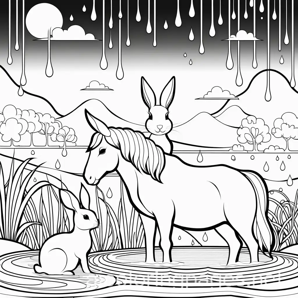 a bunny and next to them sits a happy horse, behind them are big raindrops and below are circles of water, coloring page, black and white, line art, Coloring Page, black and white, line art, white background, Simplicity, Ample White Space. The background of the coloring page is plain white to make it easy for young children to color within the lines. The outlines of all the subjects are easy to distinguish, making it simple for kids to color without too much difficulty