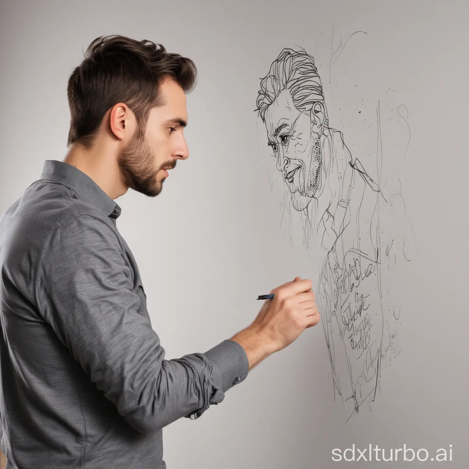 Portrait of a man drawing on the wall writing Design Office