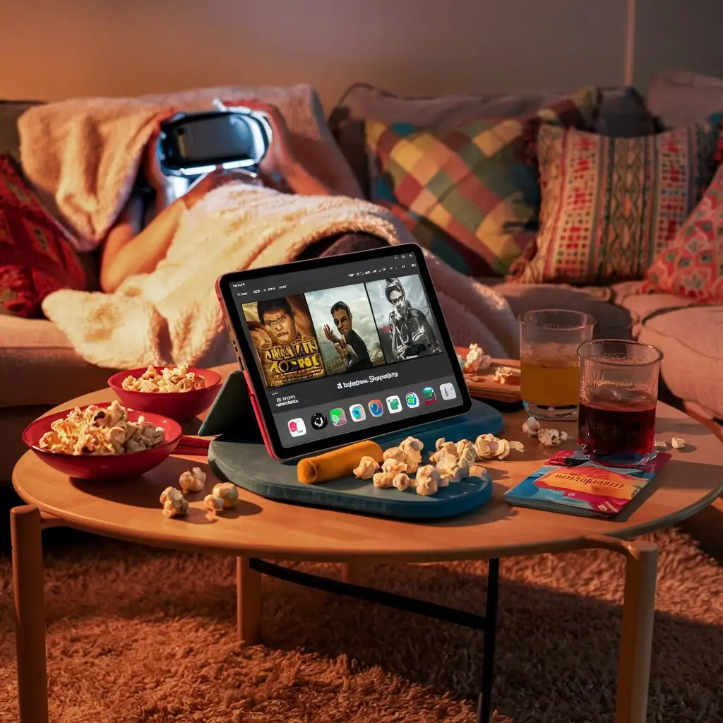 The iPad Air is placed on a coffee table in a cozy living room.
The screen displays a streaming service with a movie or TV show playing.
Surrounding the iPad are snacks like popcorn and drinks.
The living room has comfortable furniture, throw pillows, and soft lighting.
A person is lounging on the couch with a blanket, watching the iPad.