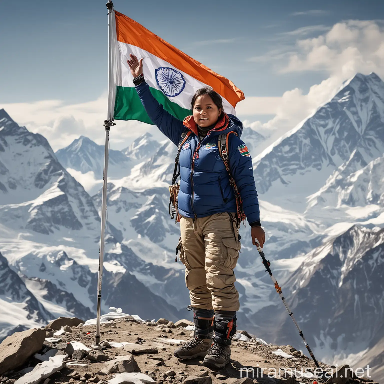 A powerful portrait of Arunima Sinha, the world's first female amputee to climb Mount Everest, standing triumphantly at the summit with the Indian flag
