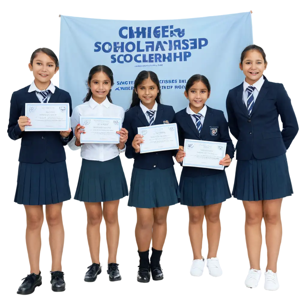 A group of smiling girls and boys, all dressed in school uniforms, standing in front of a large banner that says "Mukhyamantri Balak Balika Protsahan Yojana." The girls are holding certificates and checks, symbolizing the scholarships they have received.