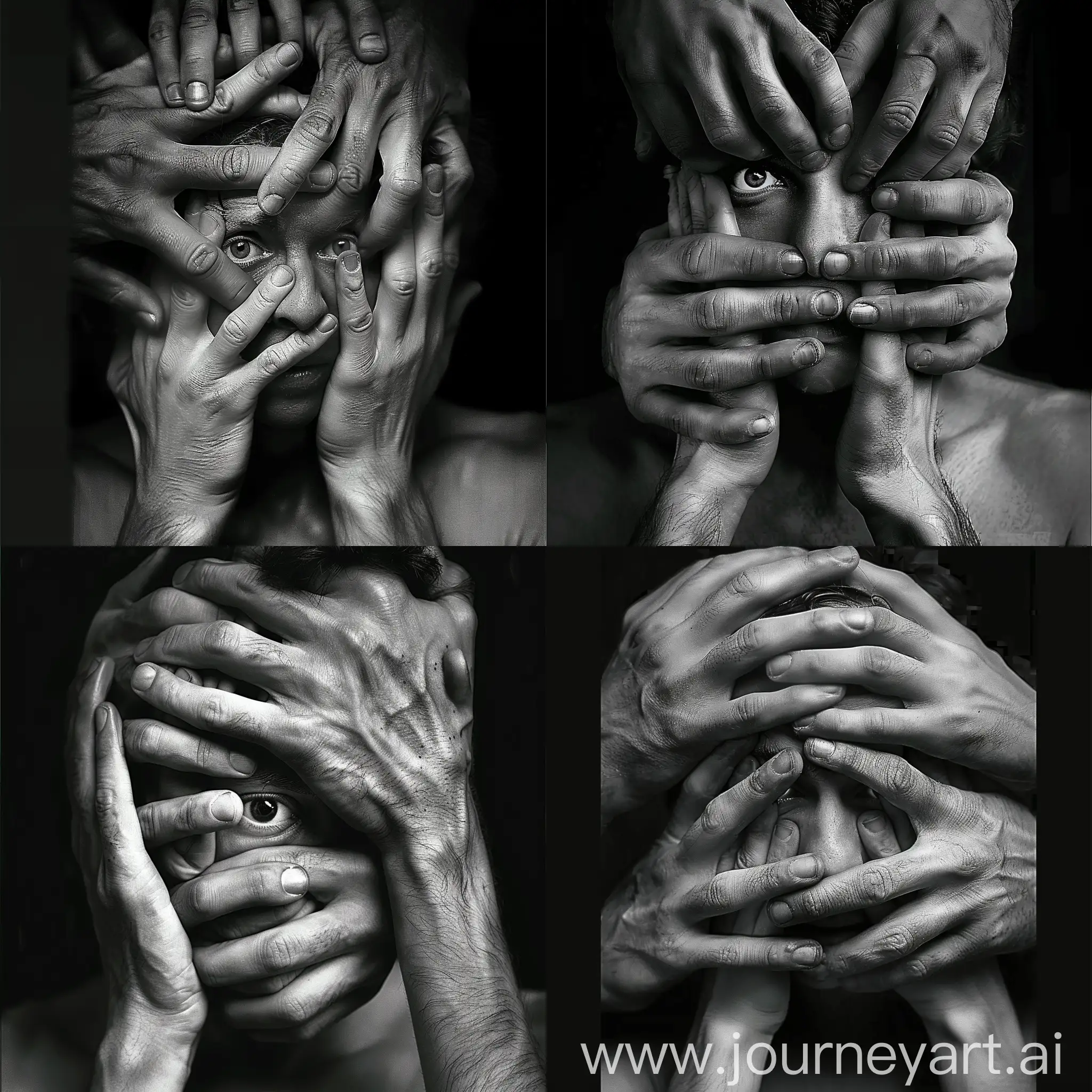 The photo depicts a surreal and striking image of a person surrounded by multiple hands that appear to cover their face and head. The hands are positioned in such a way that they obscure most of the person's features, leaving only one eye visible through a small gap. The image is in black and white, which enhances its dramatic and intense atmosphere. The composition suggests themes of entrapment, suppression, and possibly fear or anxiety, as the multitude of hands creates a sense of confinement and lack of freedom.