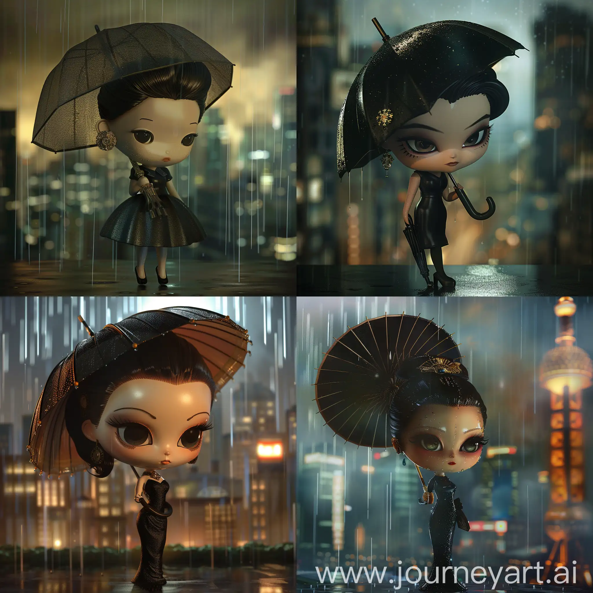 A captivating 3D render of a chibi-style woman, exuding confidence and elegance as she braves a rainstorm. She is dressed in a sleek black dress and holds a large umbrella as a shield, standing tall amidst the downpour. Her sophisticated hairdo is adorned with a vintage brooch, adding to her enigmatic aura. The dimly lit cityscape behind her showcases Art Deco architecture and a blurred skyline, evoking a sense of motion and intrigue. The atmosphere blends vintage glamour, film noir, and a subtle influence of Japanese ukiyo-e artistry, creating a cinematic, conceptual portrait that transcends time and style. This painting, product, and 3D render embody the essence of anime, fashion, portrait photography, and conceptual art, resulting in a mesmerizing, tim, anime, 3d render, fashion, conceptual art, cinematic, architecture, portrait photography, ukiyo-e, painting, product