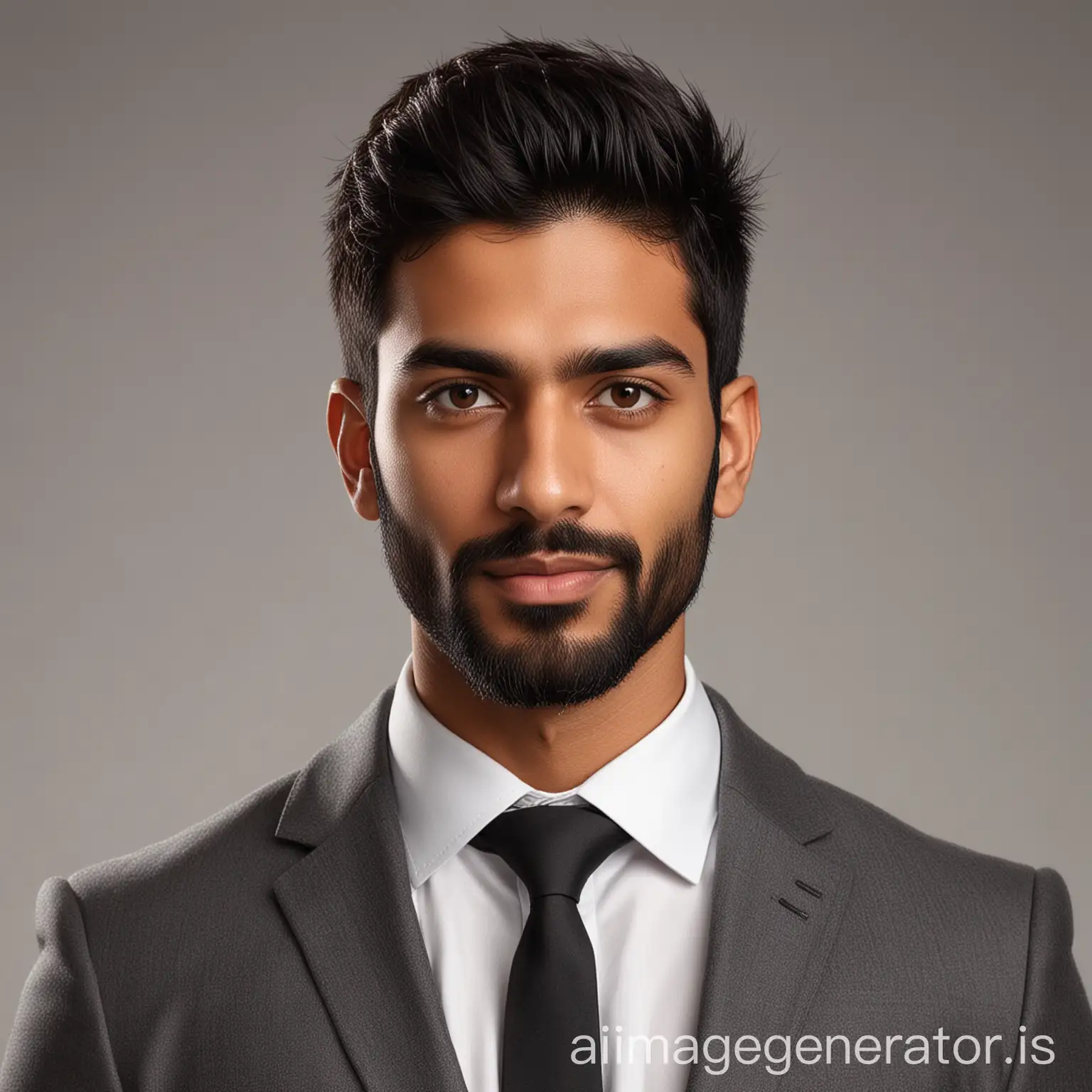 LinkedIn portrait / headshot of an Indian male with best suit without tie. looking at the camera. hyper realistic. plain background. medium hair. lite eyebrows, small eyes, good beard, black hair, medium ears. brownish skin tone.
