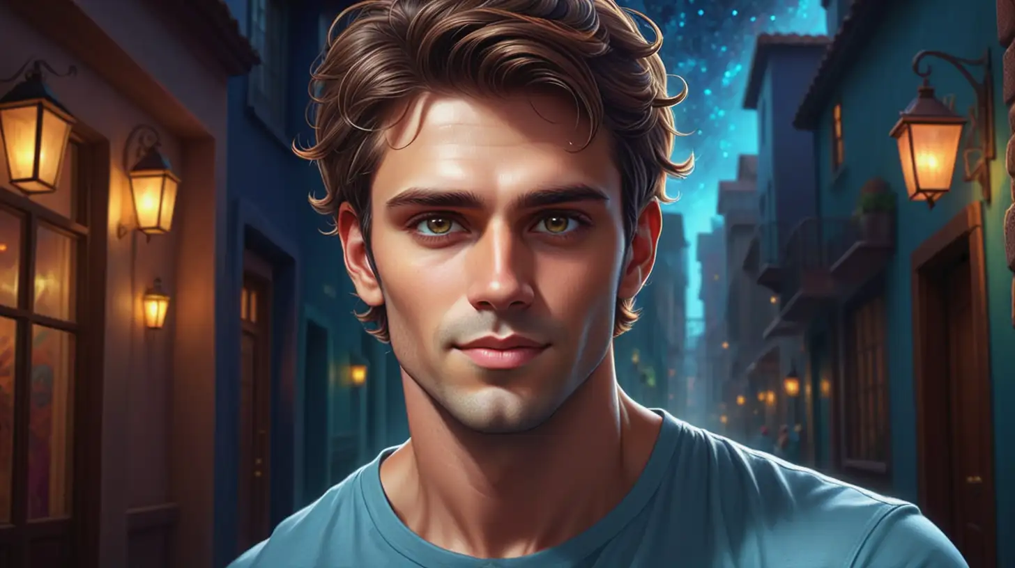 Create a highly detailed, fantastical style image with vibrant colors and dramatic, soft lighting. The scene should have an immersive, magical atmosphere with intricate backgrounds and glowing, radiant elements. Show a 30-year-old man, 6 feet tall, with a light olive complexion. He has short, dark brown hair that is slightly tousled but neat, and warm brown eyes. His face is clean-shaven with a slightly squared jawline. He is wearing a light blue t-shirt, dark blue jeans, and brown leather shoes, radiating confidence and happiness, engaging in activities like exercising, socializing, and working with a vibrant and enthusiastic demeanor.