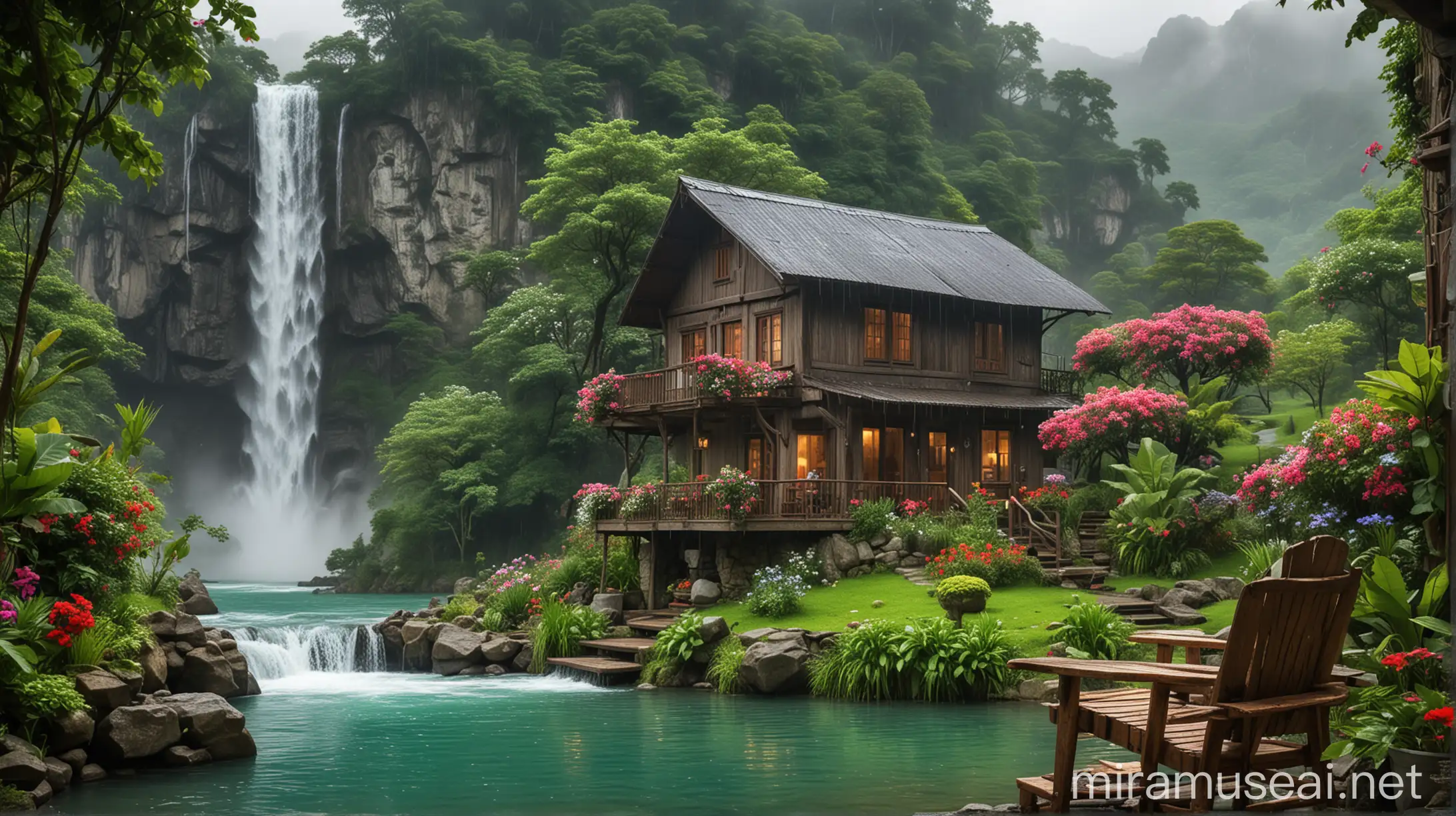 moonsoon rainy weather old style house at mountain view with flowers and waterfall and sitting chairs a waterfall with a hut and a lake, in the style of 32k uhd, moonsoon emerald and green, colorful dreams, romantic riverscapes, beautiful scenery waterfall view, a lake, in the style of 32k uhd, green, colorful dreams, romantic riverscapes, swiss style, mist, highly polished surfaces Fantastic old style houses with background waterfall in the mountain old style houses office seamlessly integrated into a lush jungle, cascading waterfall in the background rainy weather sitting chairs