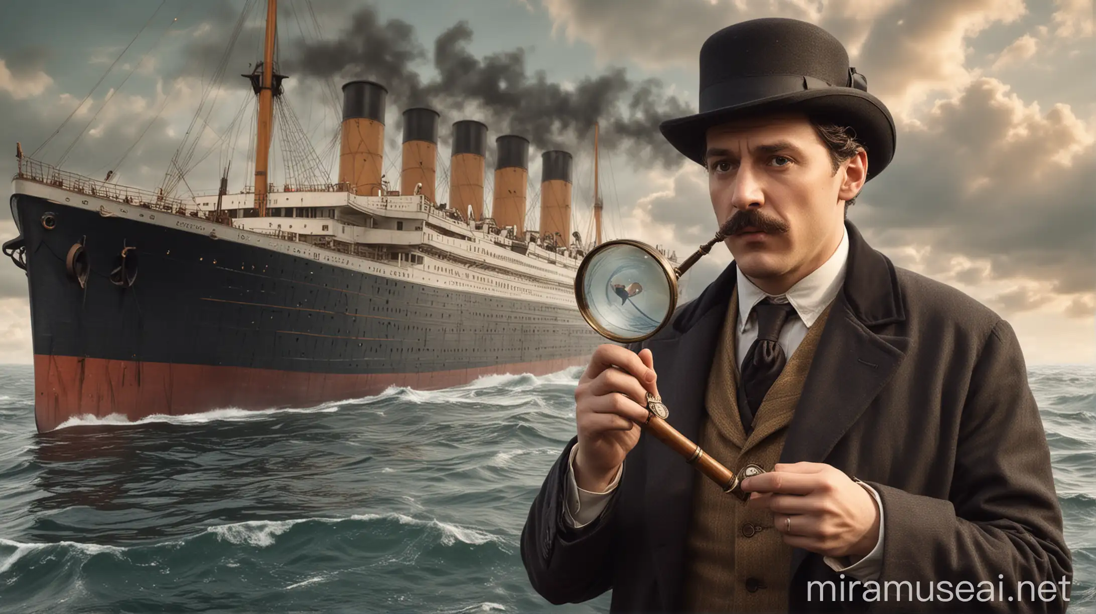 create e realistic image with in background the Titanic and in the foreground a bright sherlok holmes, dressed in his typycal dress, hanginh a magnyfier glass