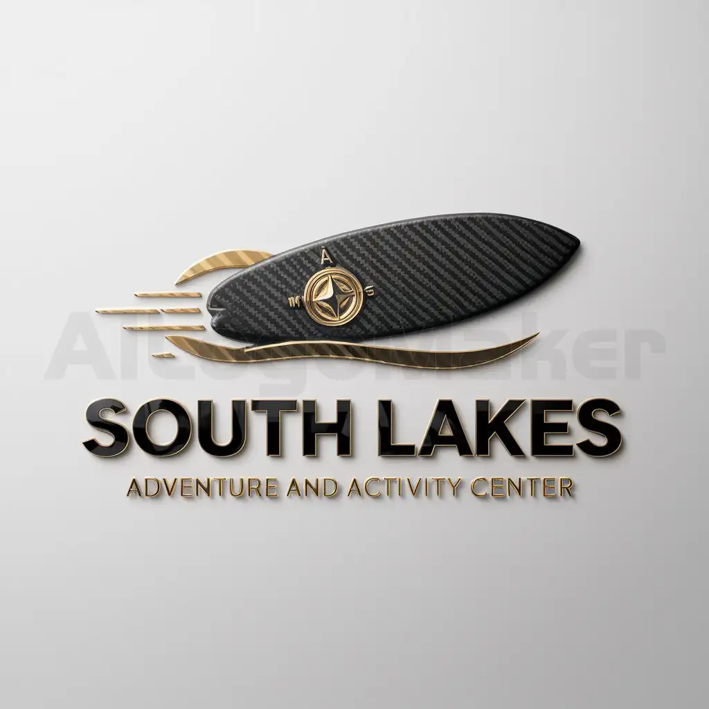 LOGO-Design-for-South-Lakes-Adventure-and-Activity-Center-Modern-Text-on-Carbon-Fiber-Surf-Board-with-Gold-Accents-and-Compass