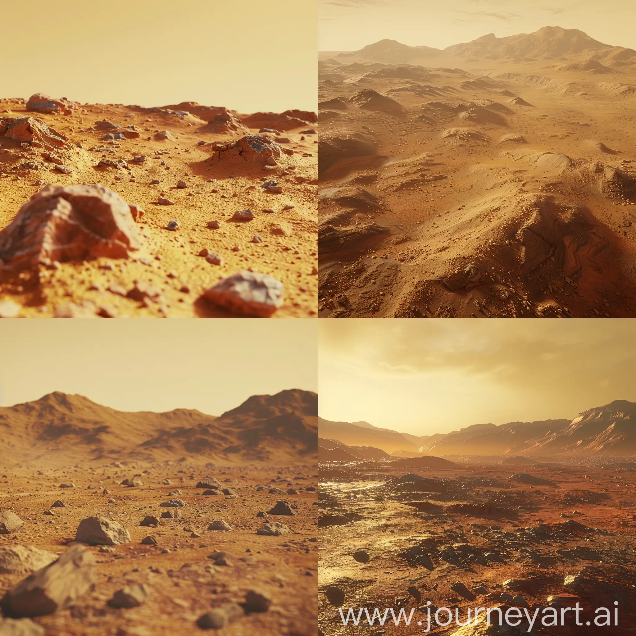 Photorealistic. 4K. First-person view. The sky is yellow-brown. The surface has a reddish-red color and is covered with small stones and sands of a reddish hue. The surface also has relief in the form of low valleys, mountains, and canyons.