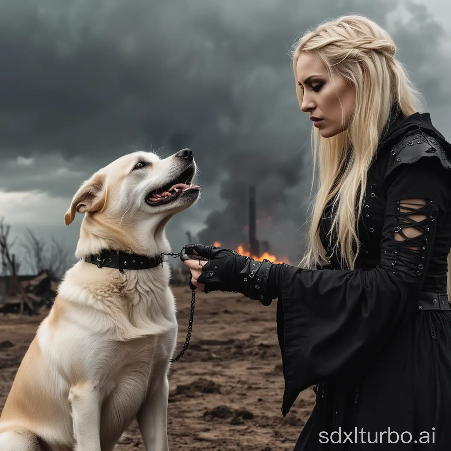 blonde gothic woman looks at the apocalypse and strokes her dog.