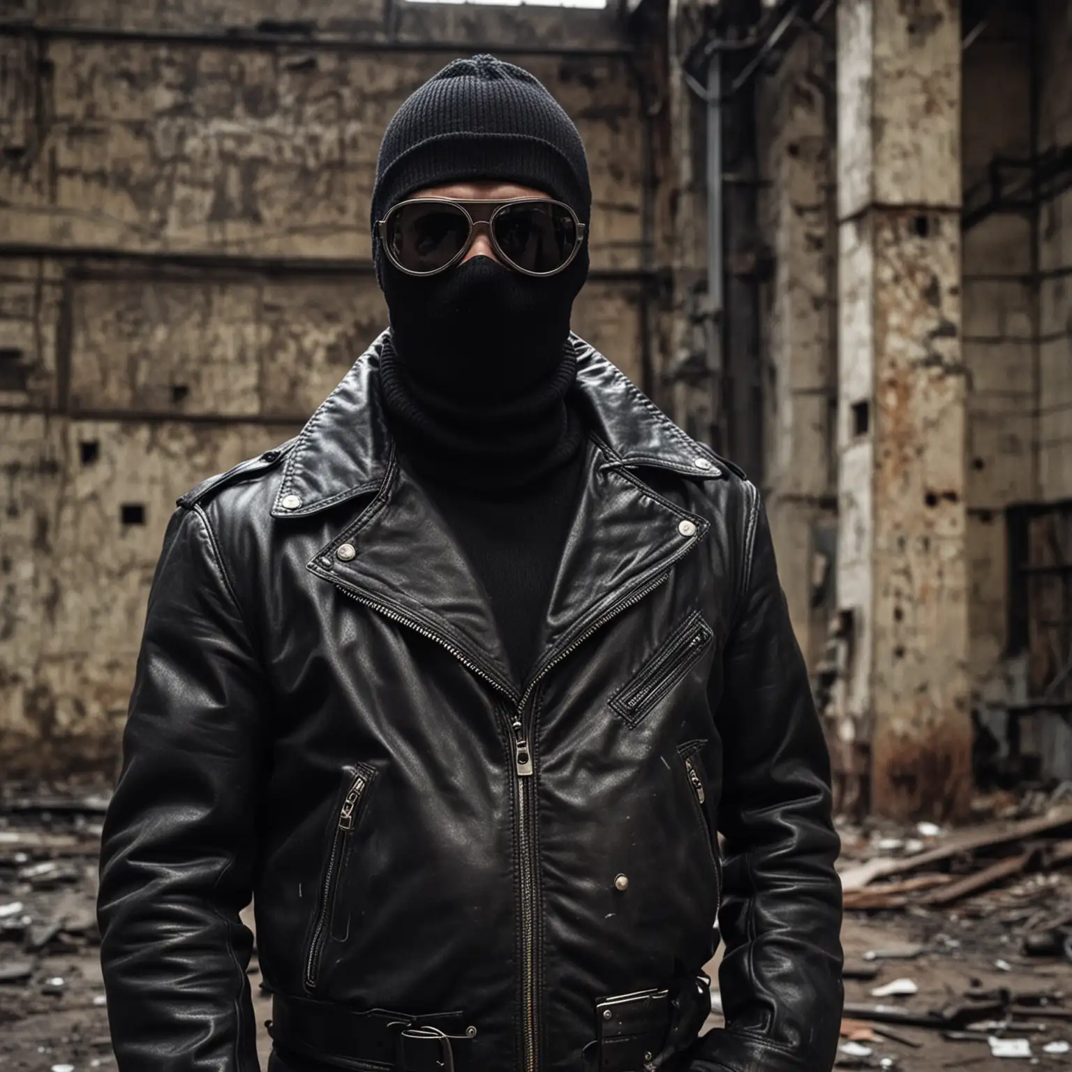 Angry Private Detective in Balaclava and Sunglasses at Abandoned Dark Factory