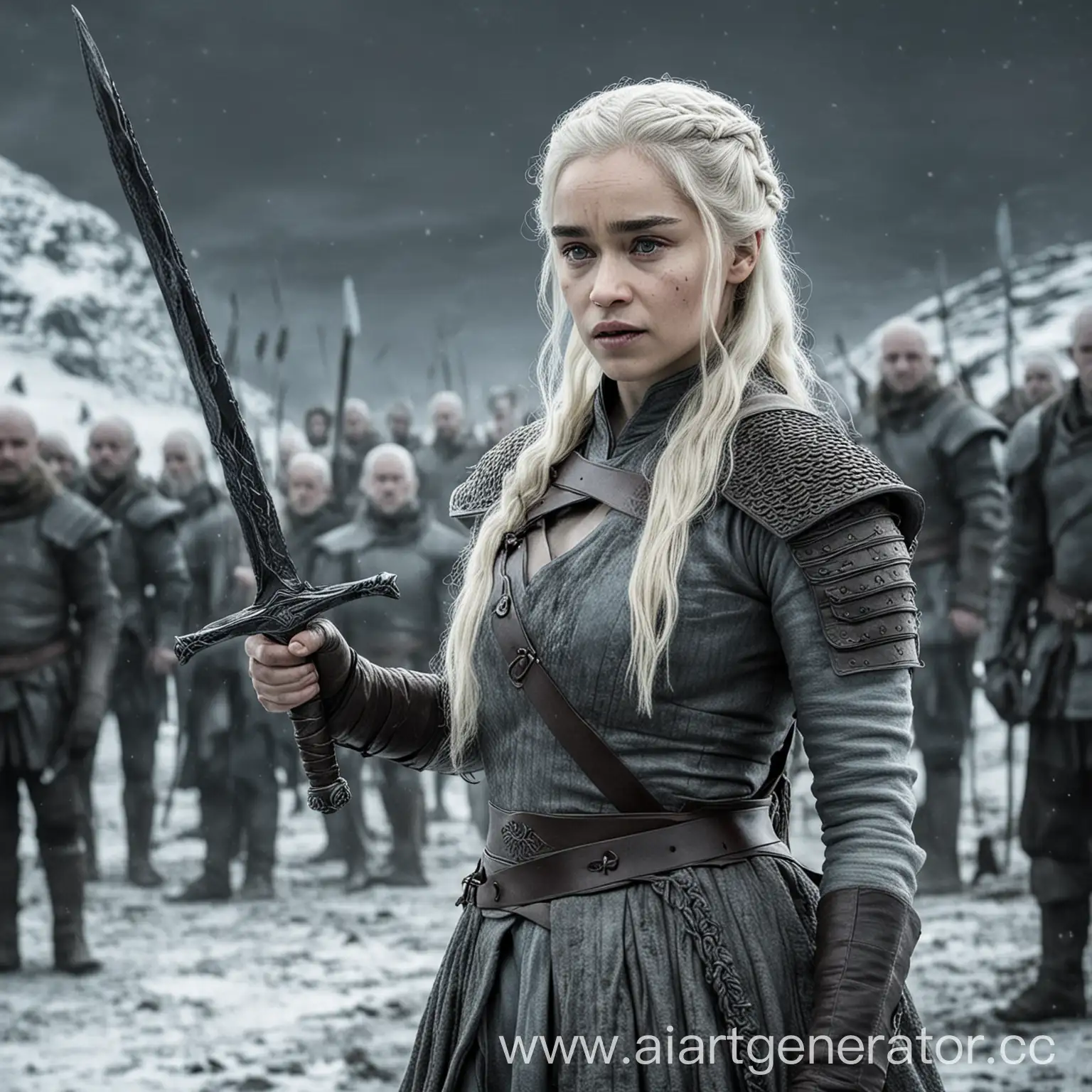 daenerys targaryen emilia clarke with sword against white walkers