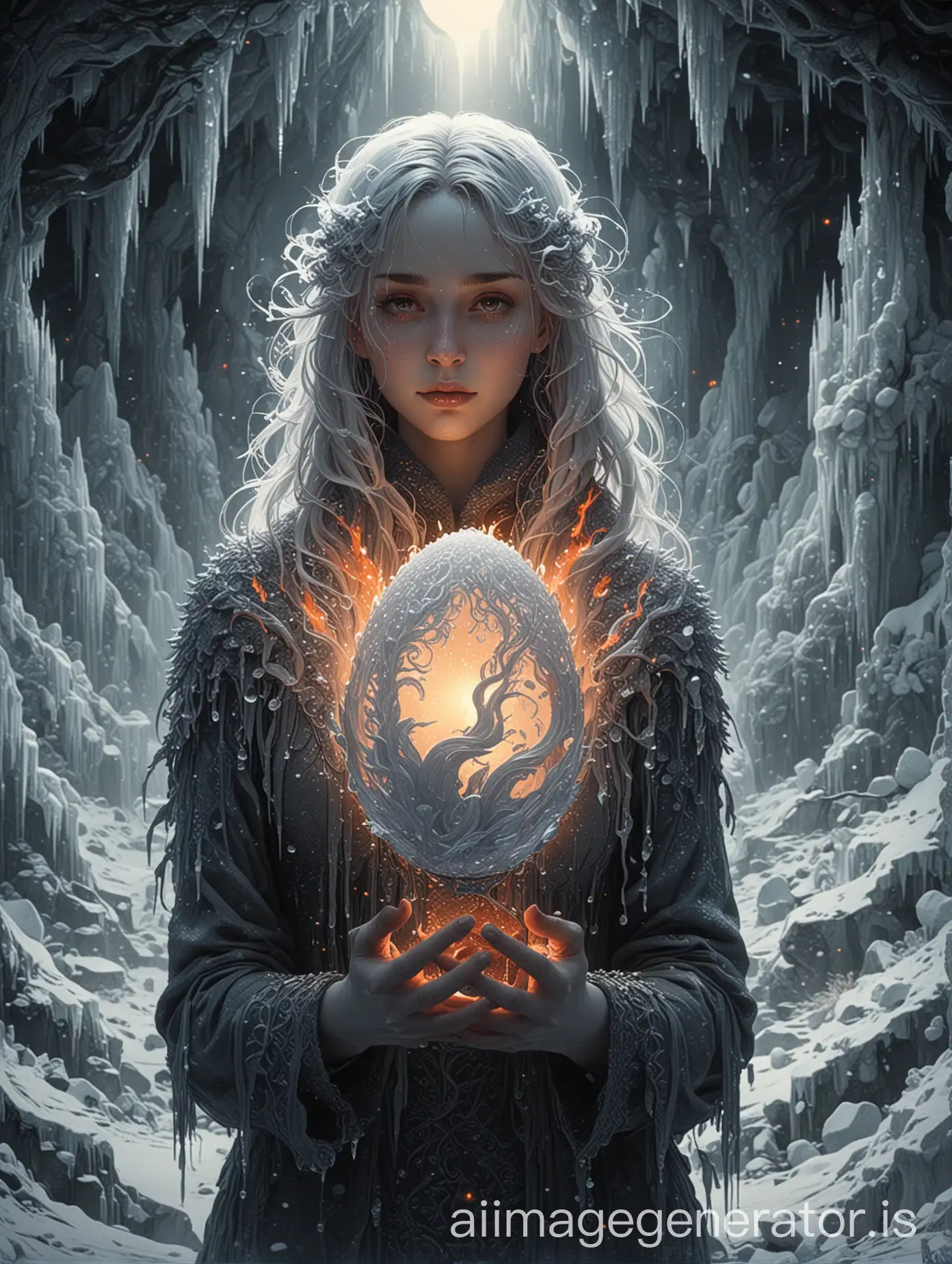 Winter-Sorceress-Holding-Dragon-Egg-in-Glacial-Landscape