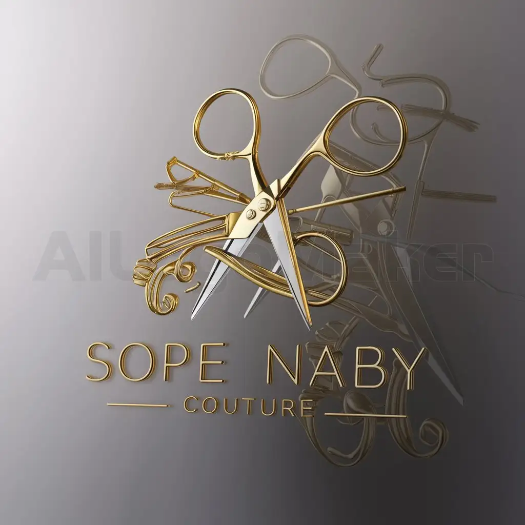 LOGO-Design-For-Sope-Naby-Couture-Elegant-Gold-Scissors-and-Sewing-Material-Emblem-on-Clear-Background