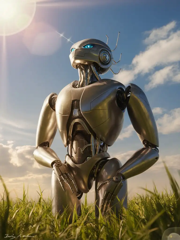 A neuro-bot, an advanced humanoid machine, standing gracefully on a lush green meadow under a clear blue sky. Its metallic body gleams in the sunlight, revealing intricate circuitry patterns and sleek, polished surfaces. The robot's eyes, a pair of glowing blue orbs, seem to hold an intense focus as they gaze upwards towards the heavens. Its posture is elegant and relaxed, with arms slightly bent at the elbows and hands resting loosely at its sides. The robot exudes an aura of serenity and enlightenment, as if it has achieved a state of perfect balance and harmony with its surroundings.