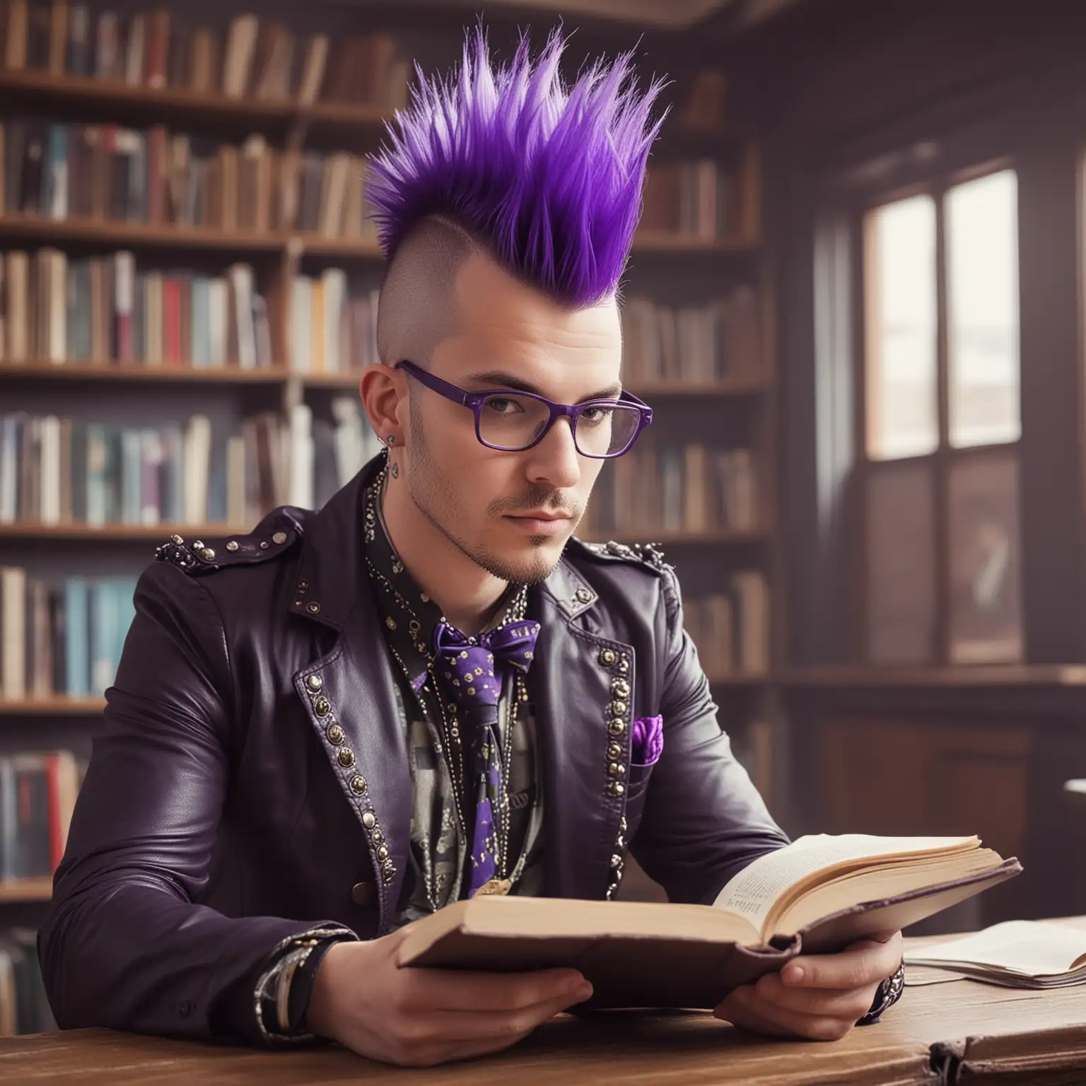 A punk male librarian with a purple mowhawk in a reading room