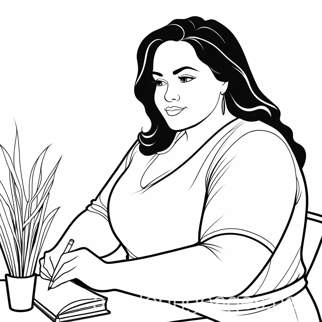 plus size woman counselor, Coloring Page, black and white, line art, white background, Simplicity, Ample White Space. The background of the coloring page is plain white to make it easy for young children to color within the lines. The outlines of all the subjects are easy to distinguish, making it simple for kids to color without too much difficulty