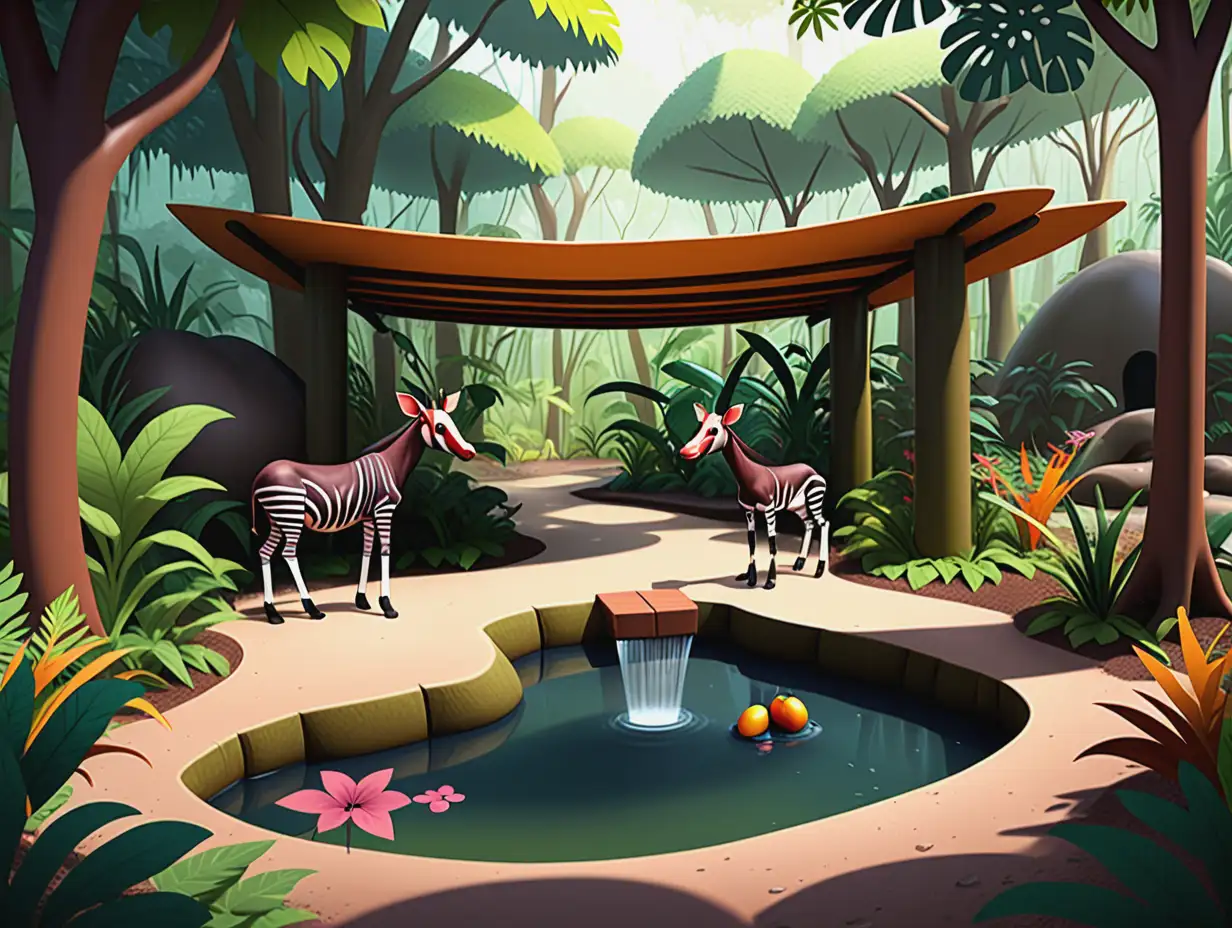 cartoon vibrant and lush okapi zoo enclosure set in a dense, tropical rainforest. Include tall trees with thick foliage, various bushes, and flowering plants to mimic the natural habitat of an okapi. Add shaded areas with large leaves and branches to provide cover. Place a small pond or water trough in the enclosure for drinking water. Include elevated feeders with leaves and branches for browsing and some ground-level feeding stations with fruits and vegetables. Scatter a few logs and branches around for enrichment, and add some colorful, kid-friendly toys. Make sure to include a cozy shelter or cave-like structure for the okapi to rest in. For the background, show the dense forest canopy with rays of sunlight filtering through the leaves