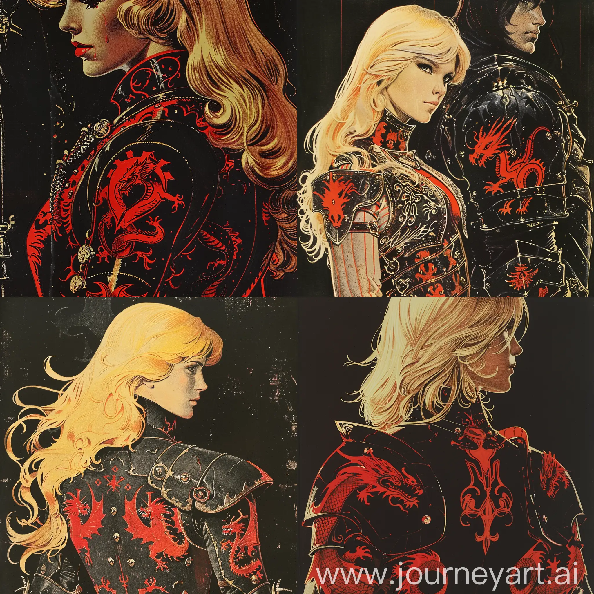 1970's art illustration from dark fantasy books (style). Art illustration of a woman with sun-blond hair, with red highlights. His armor is black with red designs illustrating dragons.