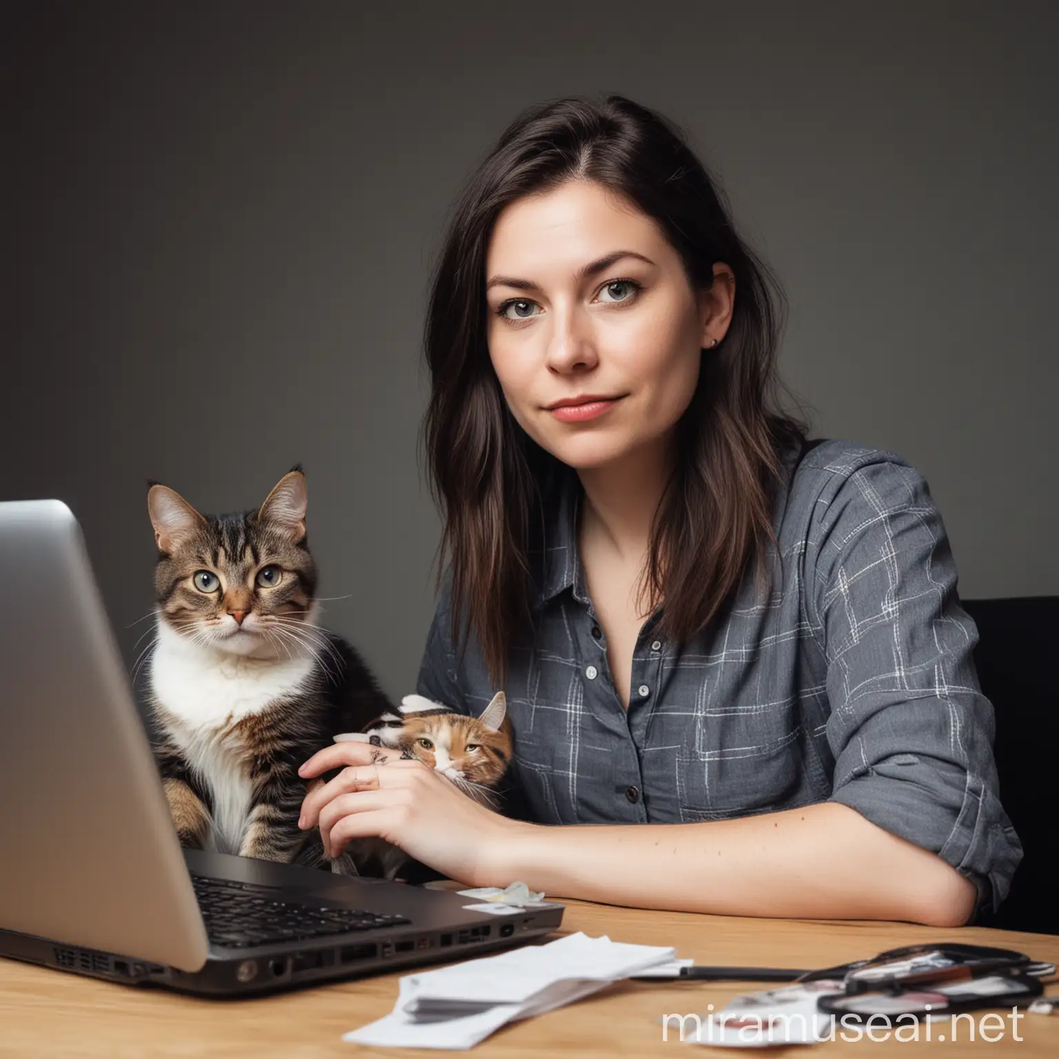 portrait of a 29 year old woman, has  a cat, graphic designer, creative, introverted, and productive