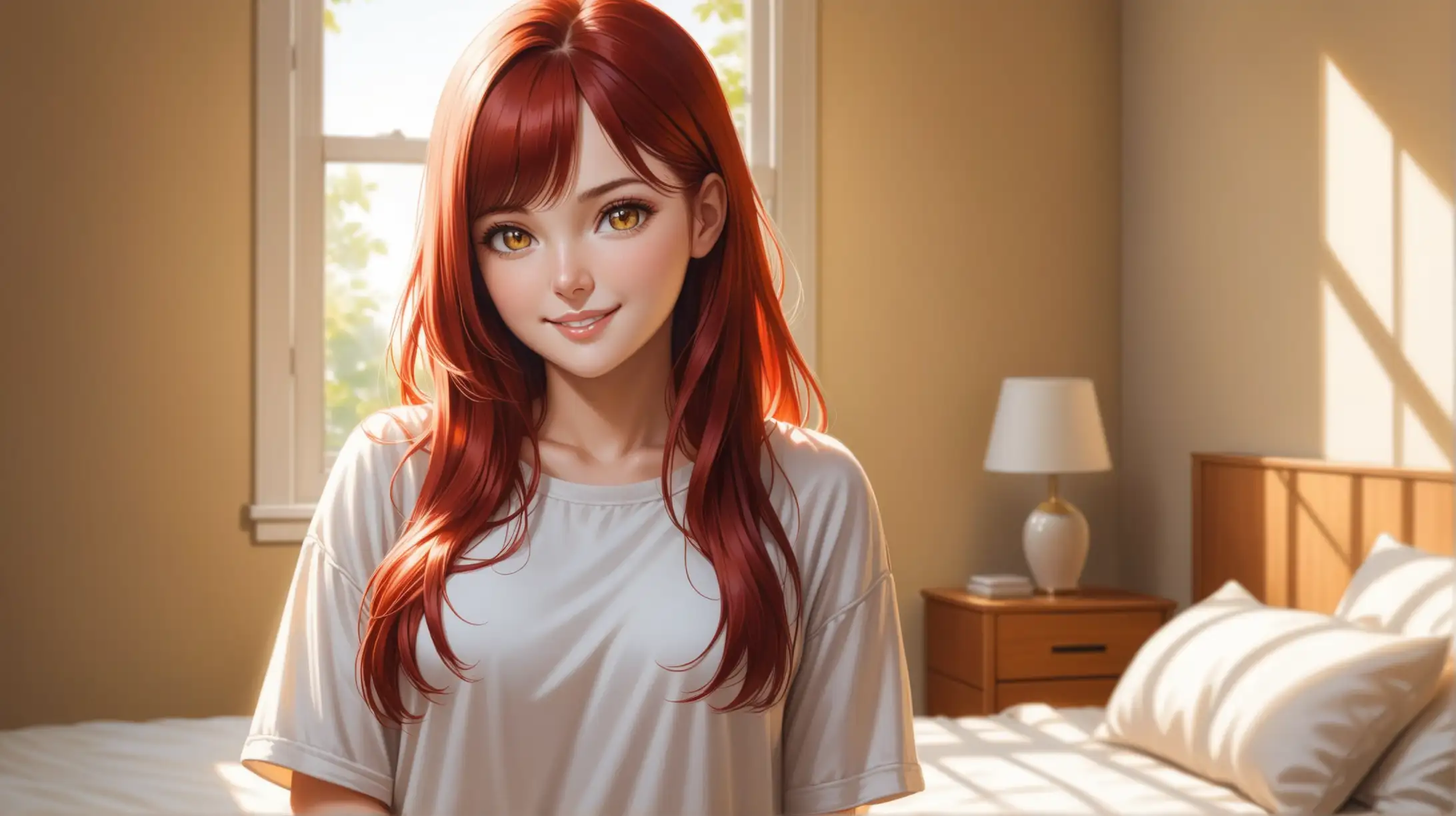 Draw a woman, waist-length long red hair, hazel eyes, stacked figure, high quality, realistic, accurate, detailed, long shot, dappled lighting, indoors, bedroom, casual outfit, smiling at the viewer