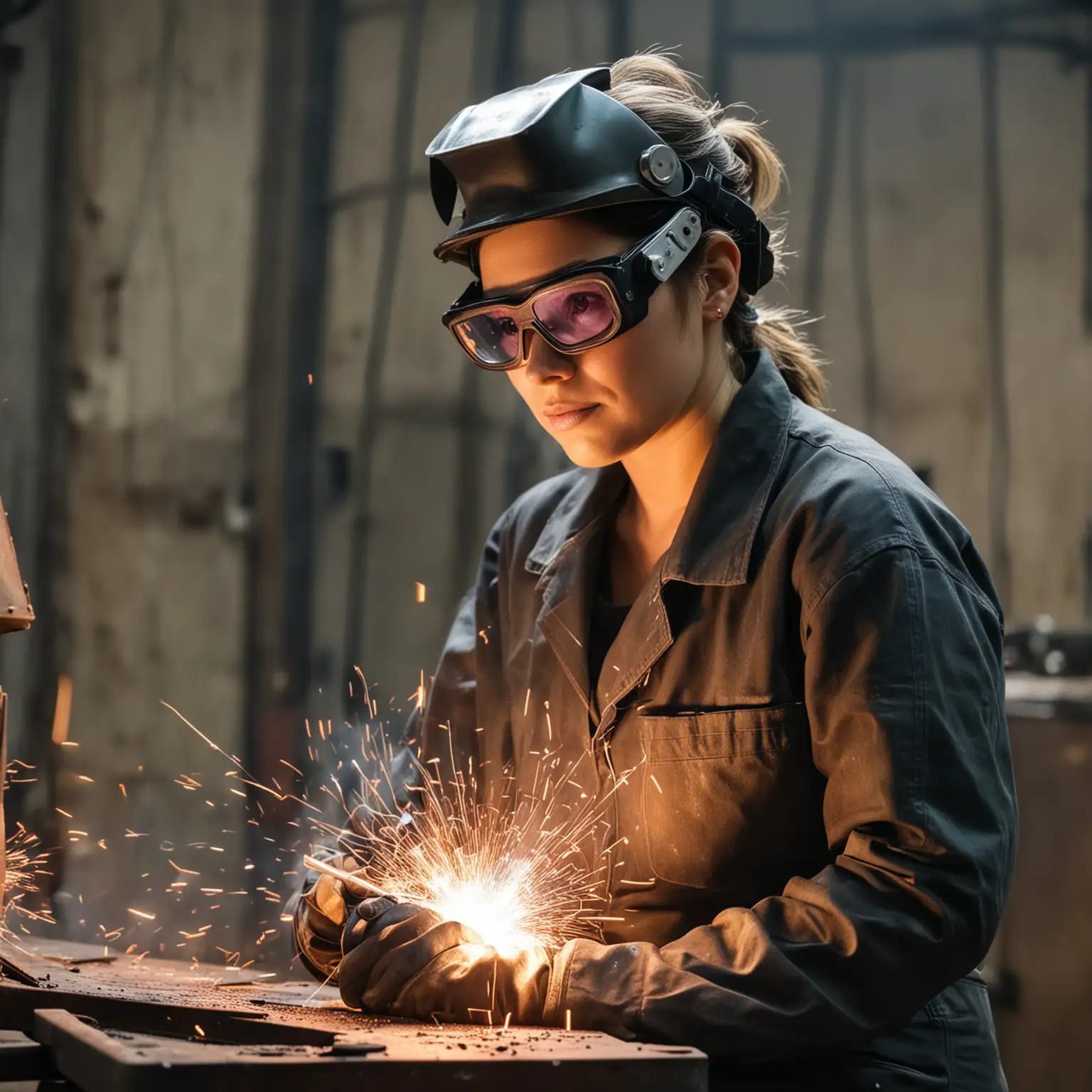 Professional Welder Woman in Safety Gear Working in Industrial Environment