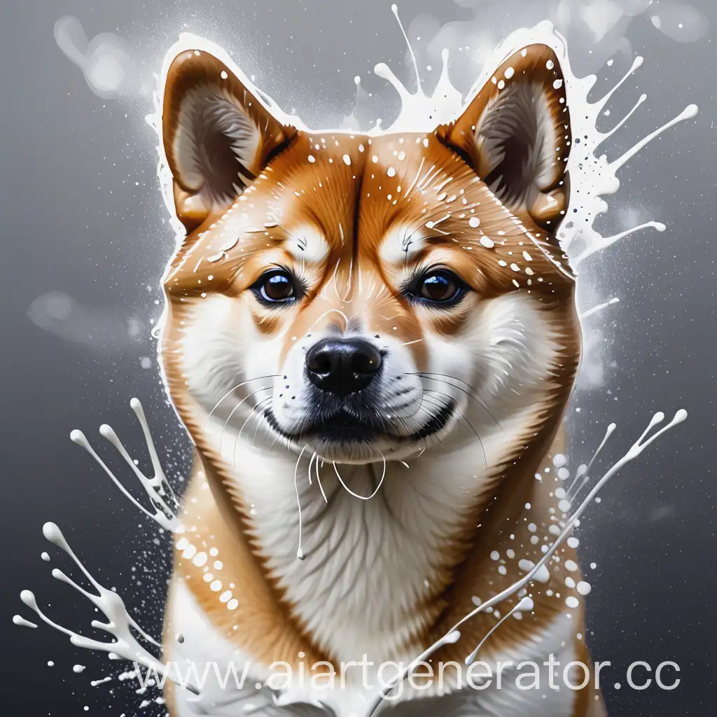 арт портрет собаки сиба ину с брызгами краски эффекта серебра