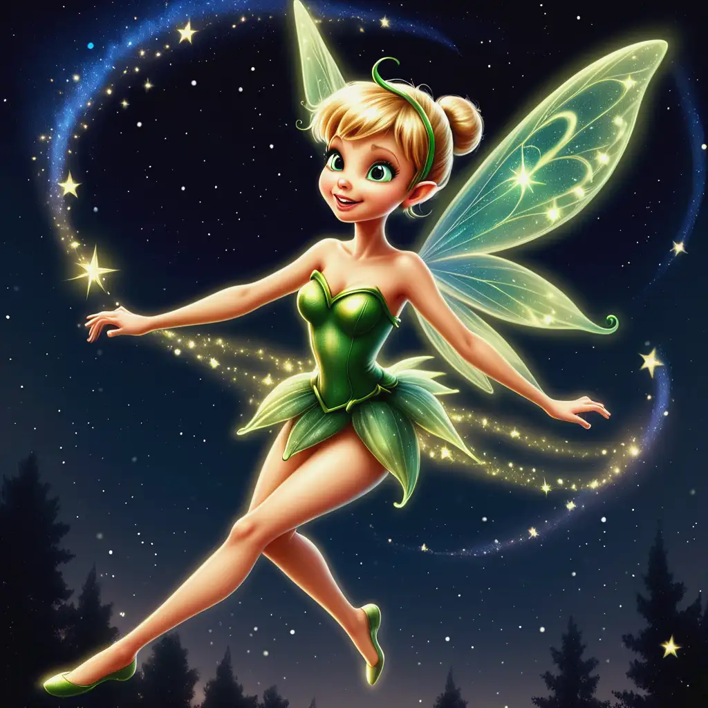A fairy akin to Tinker Bell, flying through the night sky.