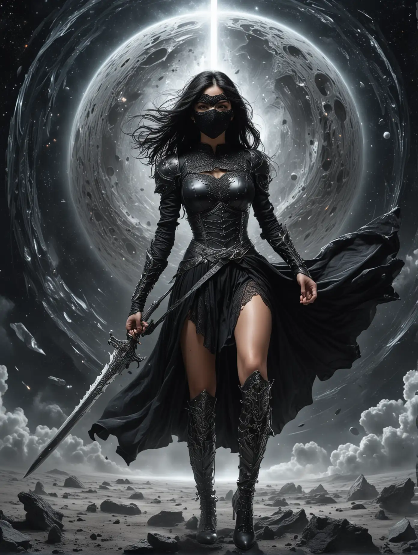 Красивая молодая женщина, черные волосы развиваются на ветру. Черное платье, серебряные доспехи, большой меч в руке. На глазах ажурная черная маска. Женщина стоит в полный рост в космосе на против черной дыры.