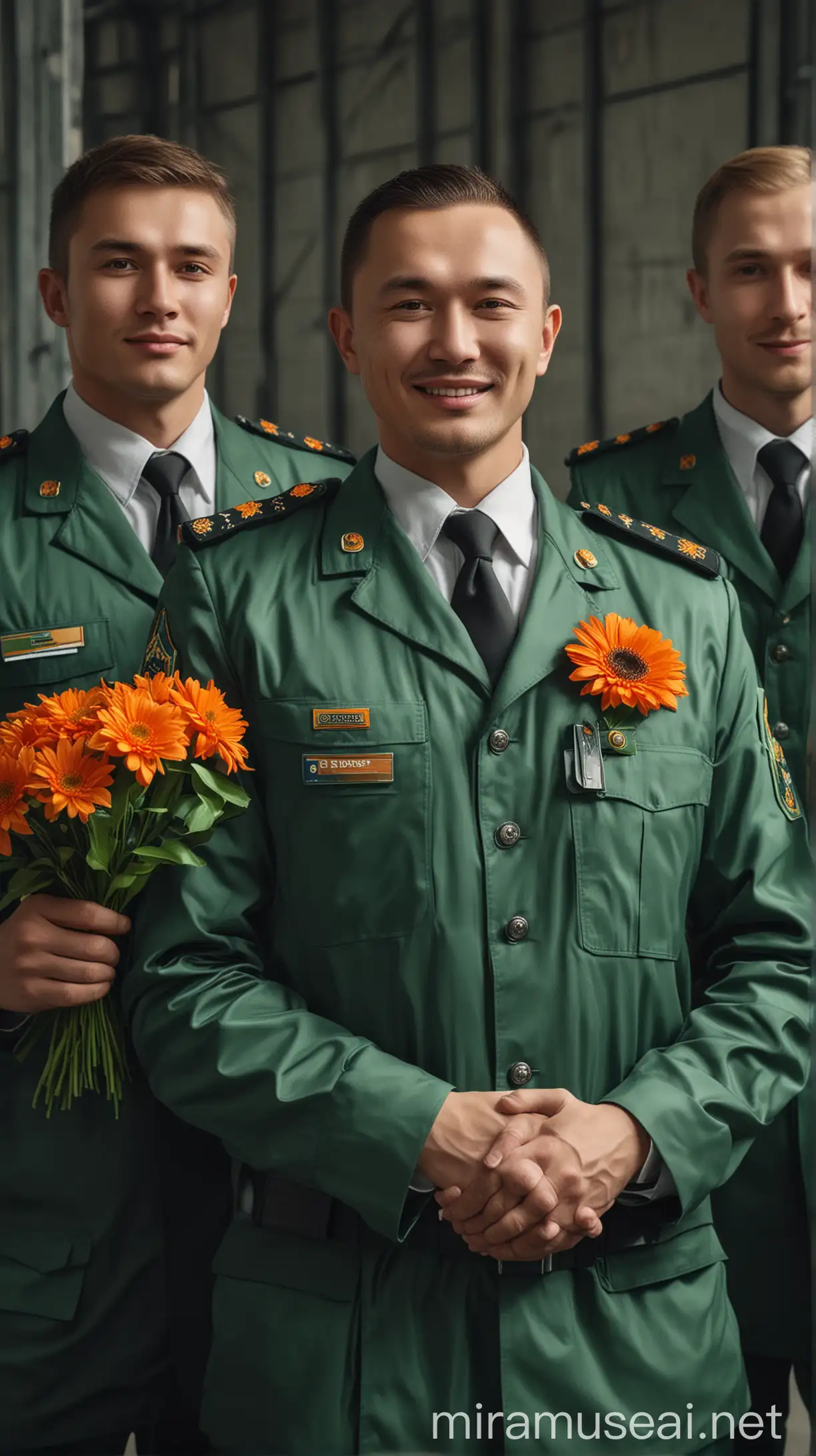три мужчины: казах, русский, кавказец. Один в форме охранника, второй в форме складского рабочего, третий - в костюме менеджера. У всех одежда в зеленых оттенках. Они держат оранжевые цветы и улыбаются, смотря в камеру. Гиперреализм.