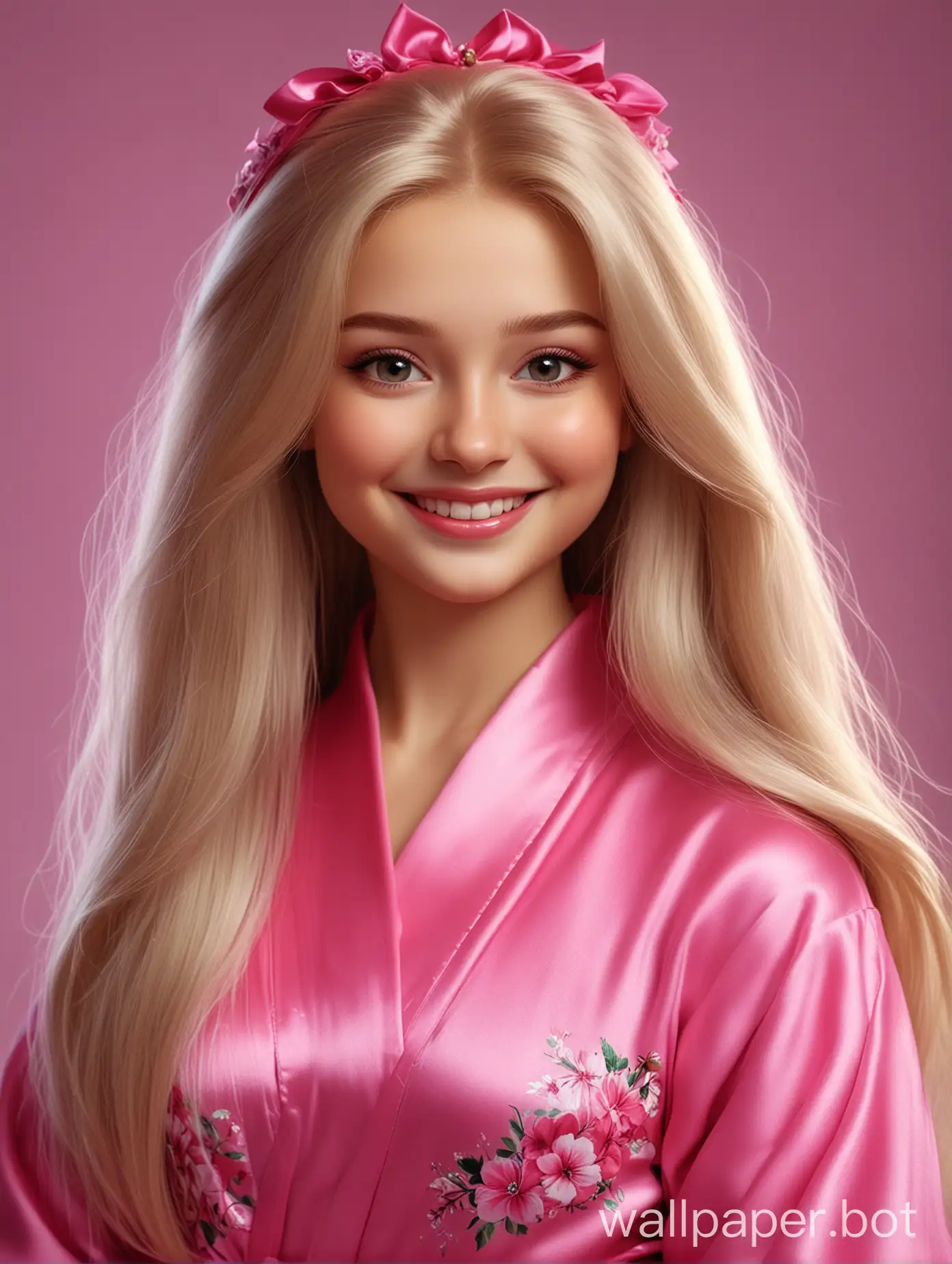 Realistic cutie Russian Alenushka in Disney style smiles with long straight silky hair in a silk robe of pink fuchsia color