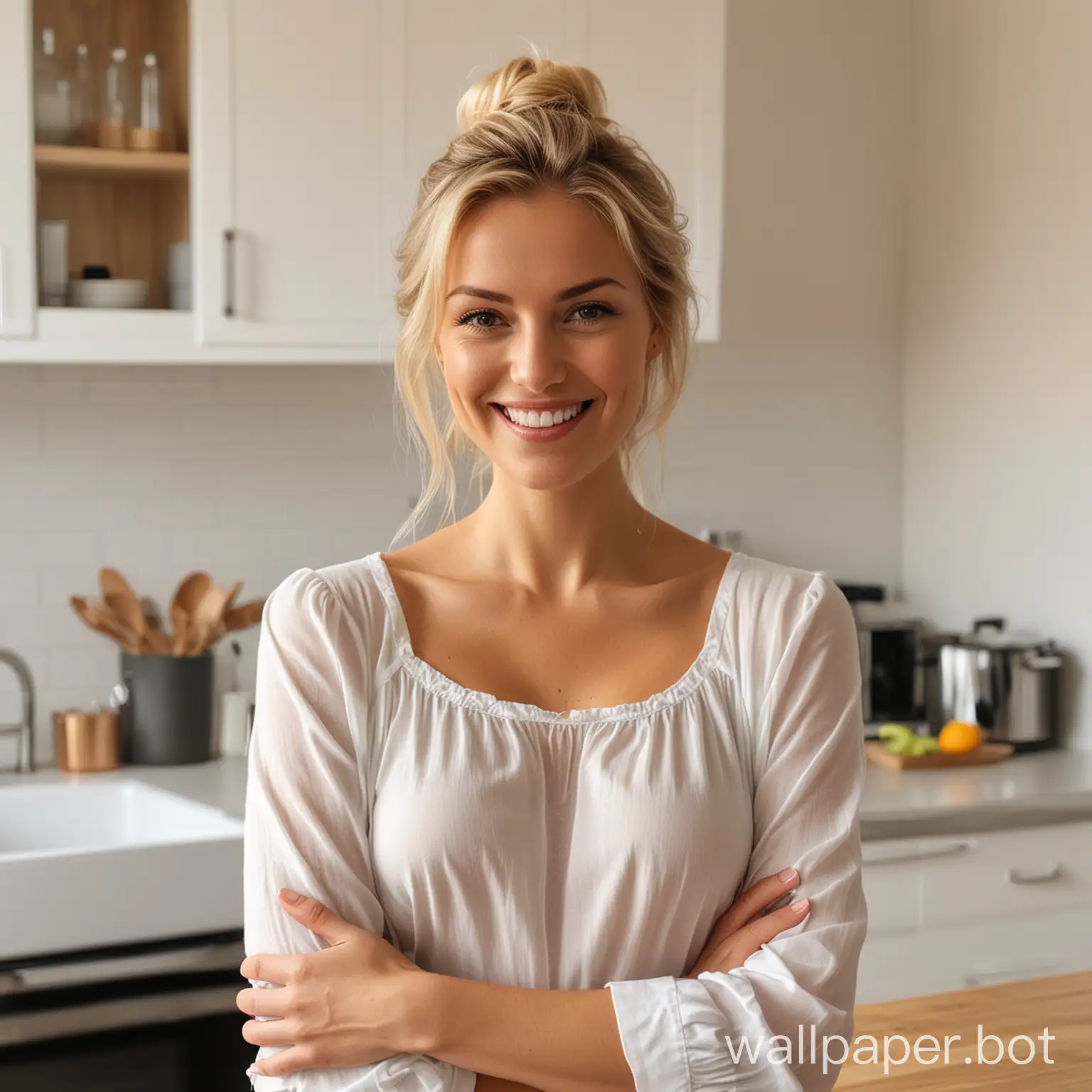 The Very same beautiful woman with blond hair and medium sized breasts wearing a plain white blouse smiling  with arms folded in a kitchen