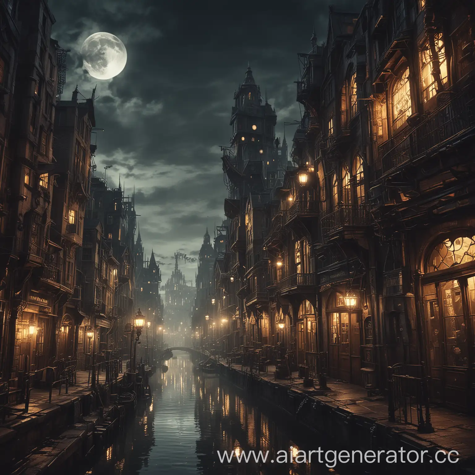 Uninhabited-Steampunk-Cityscape-at-Night