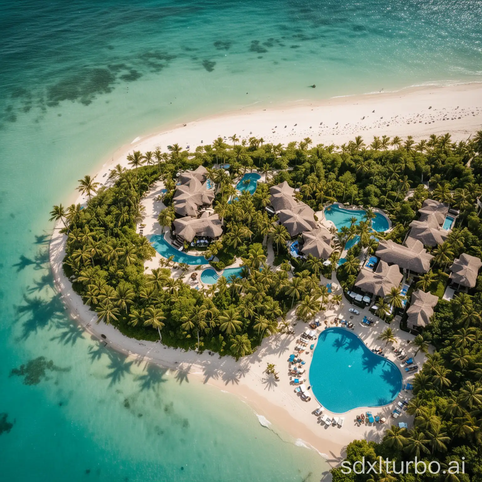 An aerial view of a luxurious resort with a white sand beach, crystal blue water, and lush green vegetation. The resort has a variety of pools and restaurants, and it is surrounded by palm trees and tropical plants.