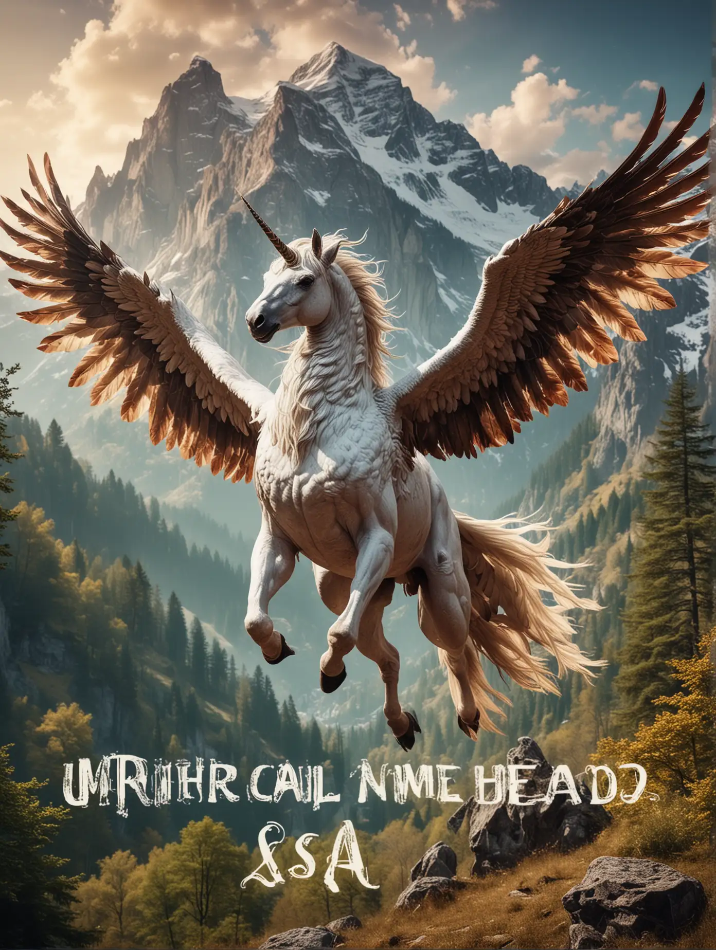 Majestic EagleHeaded Unicorn with Wings Soaring Over Mountainous Landscape