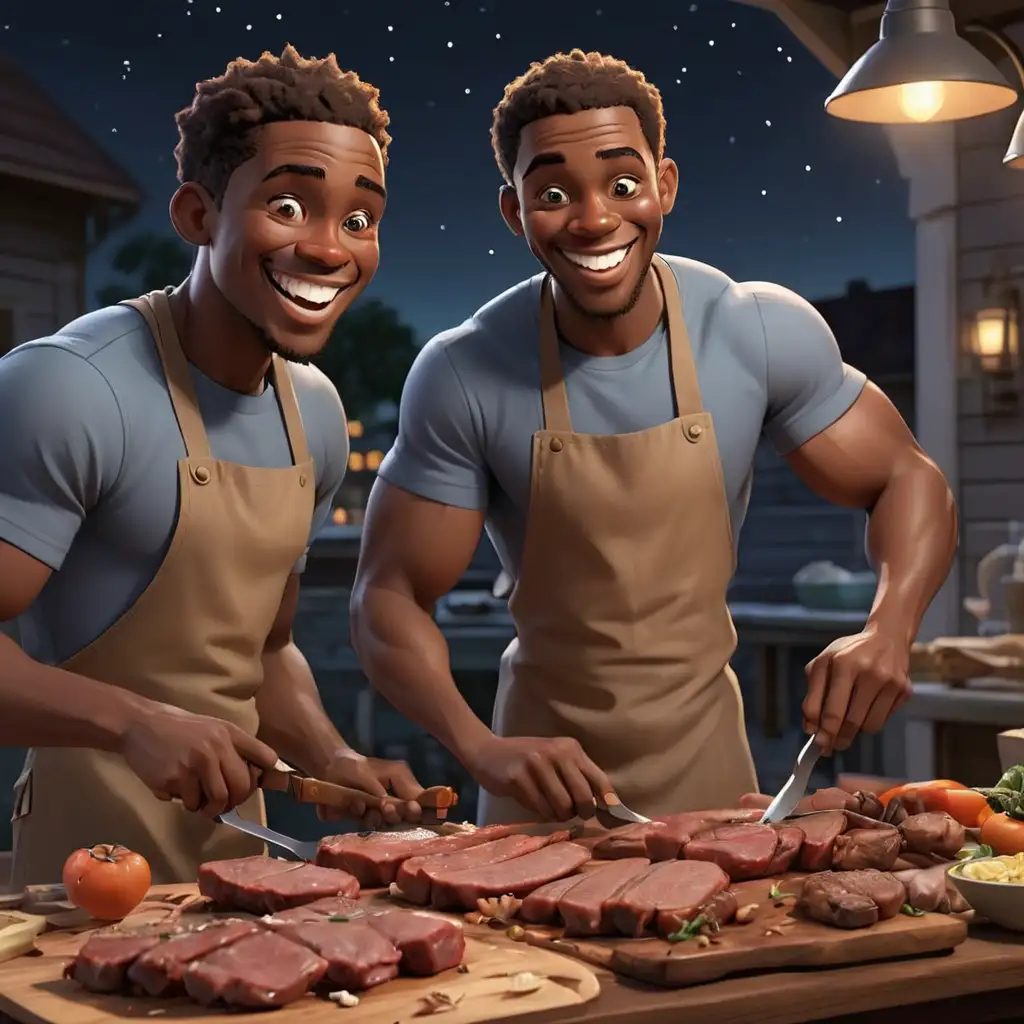 Cheerful African American Men Cooking Barbecue at Night in Cartoon Style
