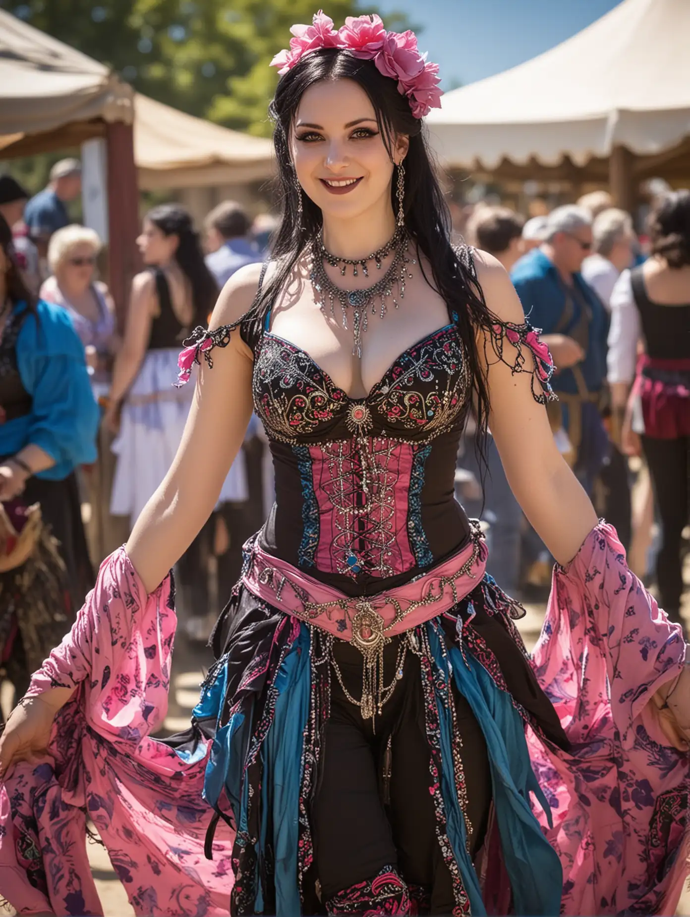 Beautiful goth dancer at the Ren-faire,  her whimsically colorful outfit is brilliant in the sun, heavy cleavage,  happy-go-lucky , pinks and blues and whites,  belly dancing 