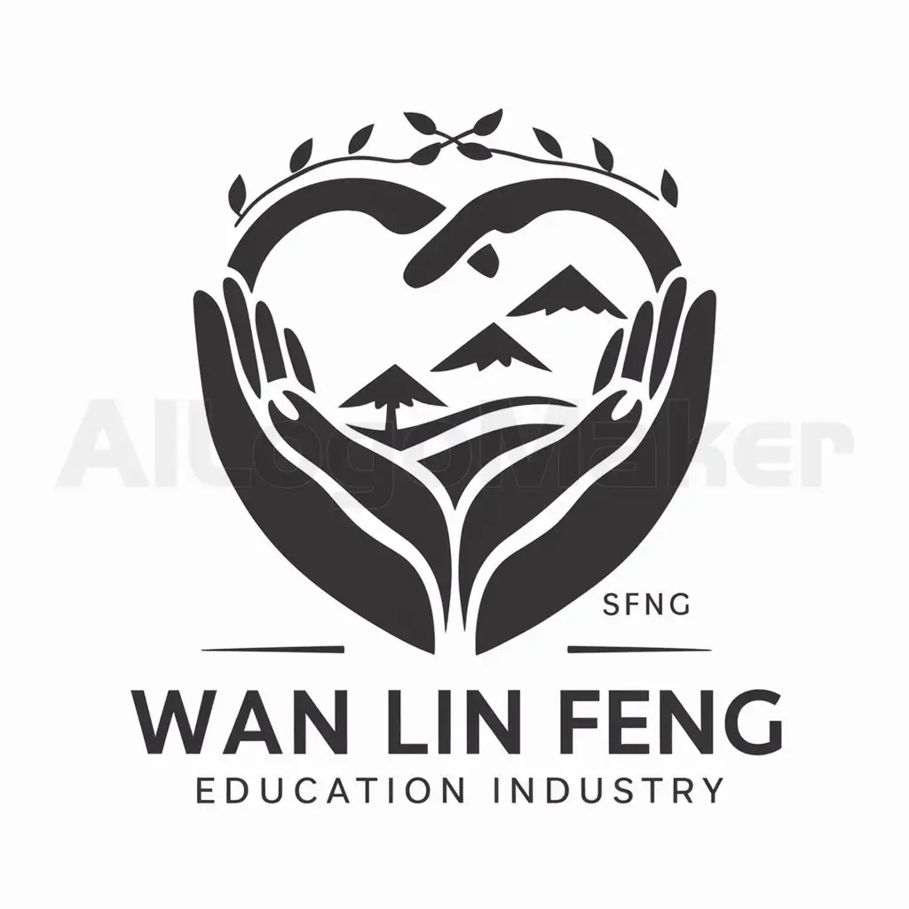 a logo design,with the text "Wan Lin Feng", main symbol:Clap two hands (heart shape), present in the form of an olive branch (symbol: national and peaceful sentiment towards our country). In the palm of your hand, there's a 'wanlinfeng's 'Feng' character pattern, forming a tree shape, growing from the mountain peak. The olive branch should not exceed the palm, with a clear image. Three 'Feng' represent three partners, where the middle one is the major shareholder, it would be better if he doesn't stand in the valley, highlighting his position,Moderate,be used in Education industry,clear background