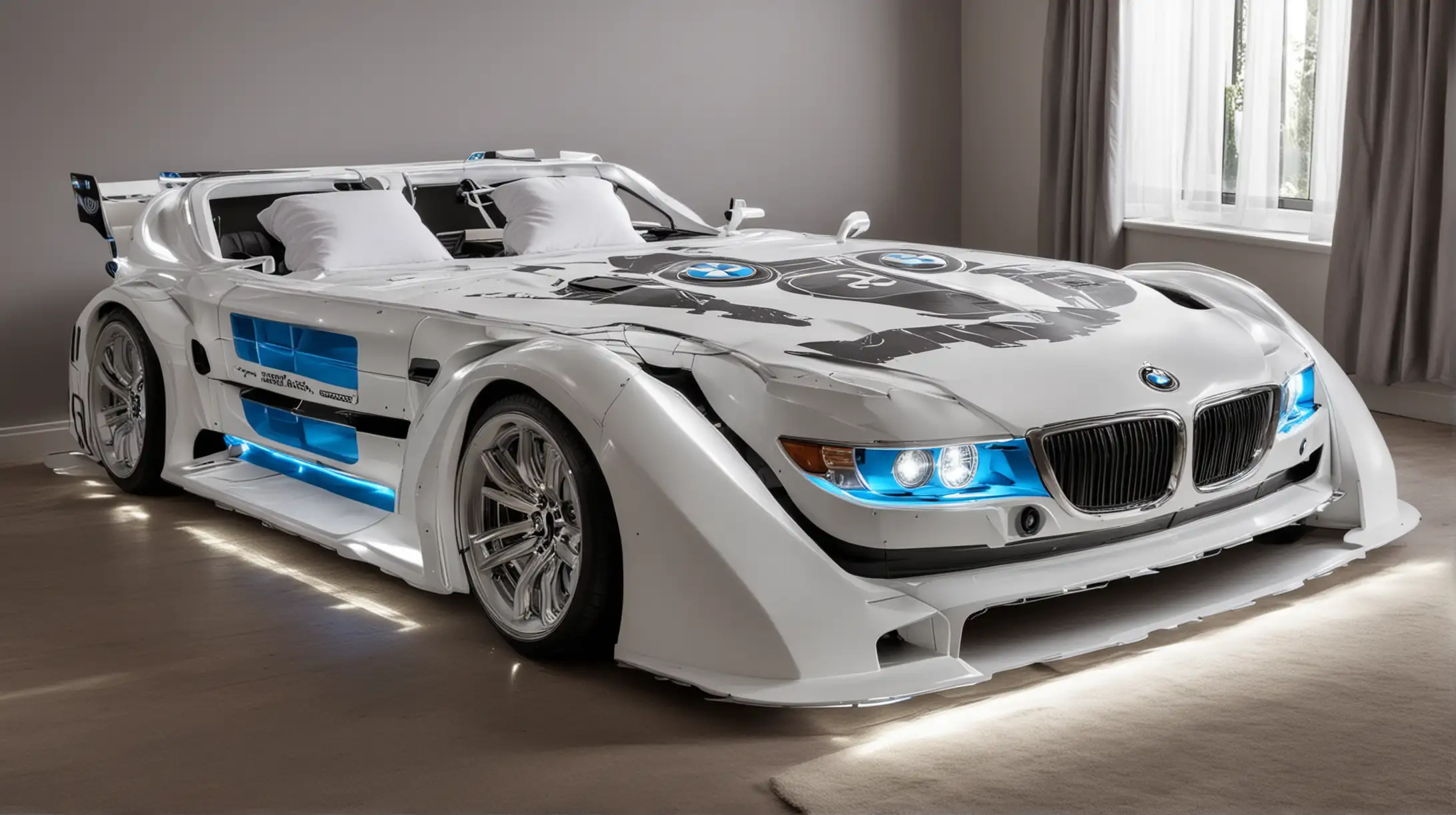 Luxurious BMW CarShaped Double Bed with Headlights and Graphics