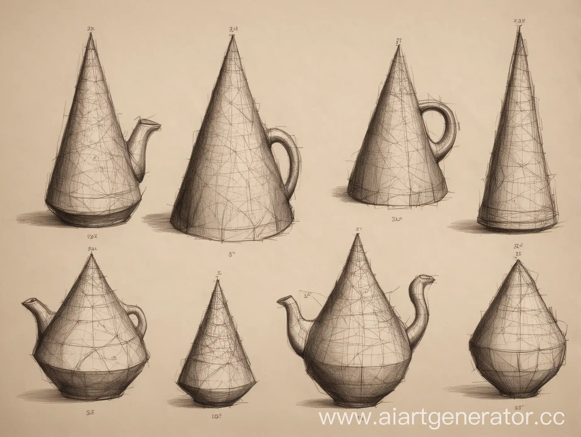 Нарисовать академический рисунок на основе формы конуса, конусов (различных диаметров и высот) выполнить - разработать новую форму чайника - который может быть не совсем пригоден для кипячения воды, но идея- является основой. Рисунок выполняется в объеме со штриховкой.