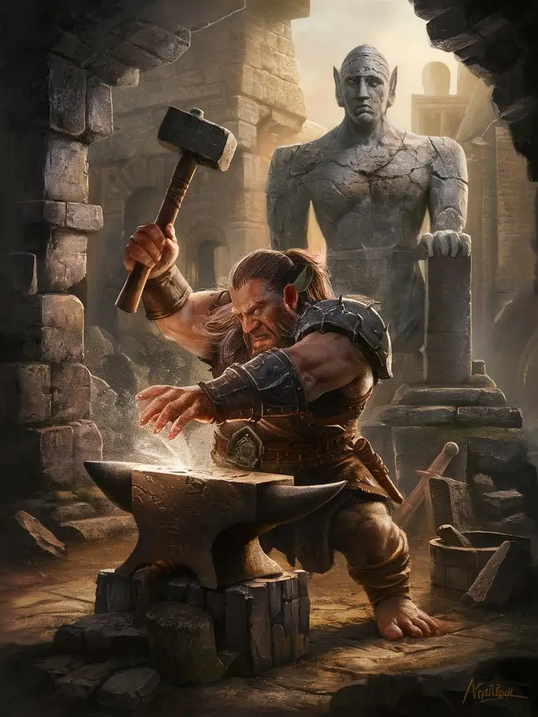 Ancient Ruins Sentinel Statue Dwarven Smith at Anvil