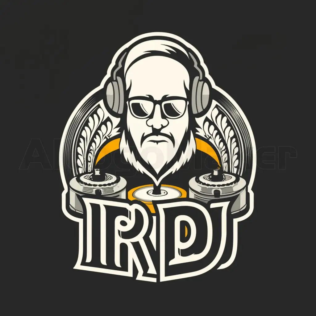 a logo design,with the text "IRR DJ", main symbol:bald disc jockey with gray beard,complex,be used in MUSIC industry,clear background