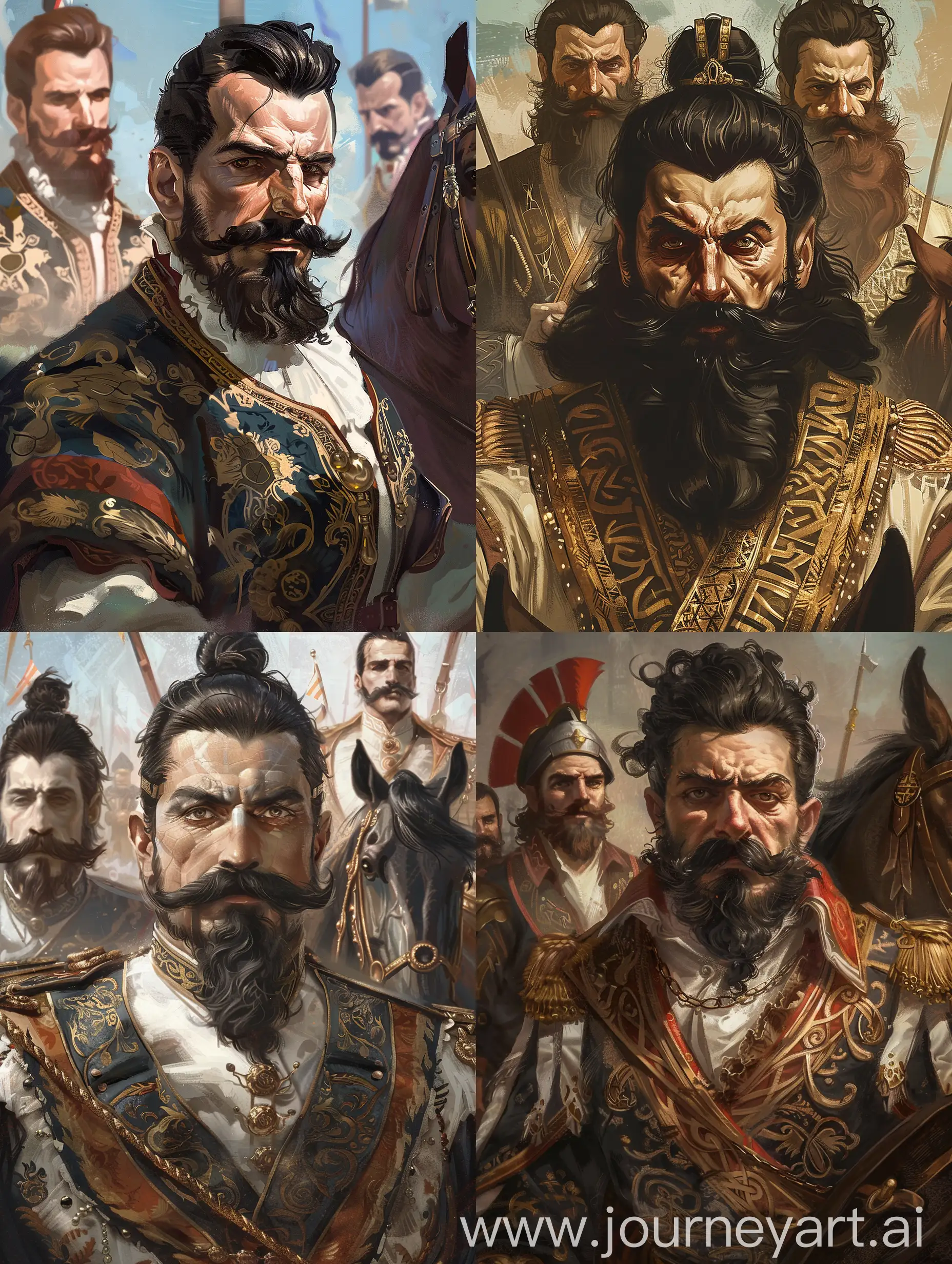 Create an image of a Greek Ottoman Pasha with distinct masculine features. He has black hair and a thick black mustache, with a prominent chin characteristic of the Dinarid type. The painting should be in the Renaissance style, reminiscent of the works of Leonardo da Vinci, capturing the grandeur and detail typical of that era. The Pasha is adorned in traditional Ottoman attire, with rich fabrics and intricate designs that reflect his high status. The background should be classic and elegant, complementing the overall regal and historical aesthetic of the portrait. He is riding on a horse and behind him are 2 other Greek pashas. Both have brown hair and long beards.