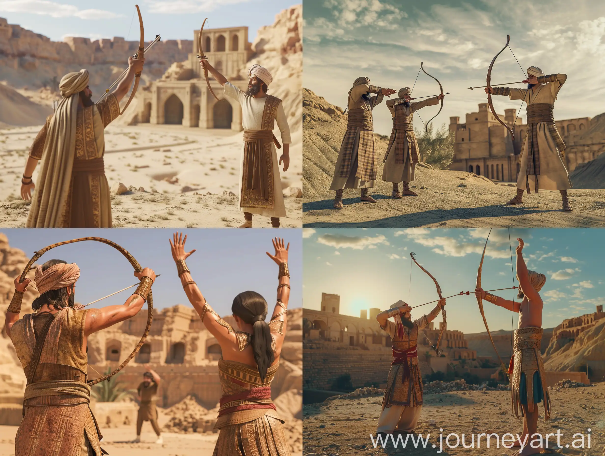 A couple of Persian archer soldiers in traditional dress in ancient Iran with fear below Arg Bam citadel raise their hands as a sign of surrender, because a Persian soldier in traditional dress is aiming at them with a bow and arrow, they are in the Persian Empire  .
make a real photo with accurate details and  High quality, create for me with midday lighting
a real picture with fine details and high quality, with noon lighting for me, create a realistic 4K photo with fine details and daylight lighting. Monitors, create for me a real quality photo with fine details and midday sun lighting, in a desert, in an ancient civilization, cinematic, epic realism,8K, highly detailed, medium shot, upper body, glamour lighting, natural lighting, backlit 