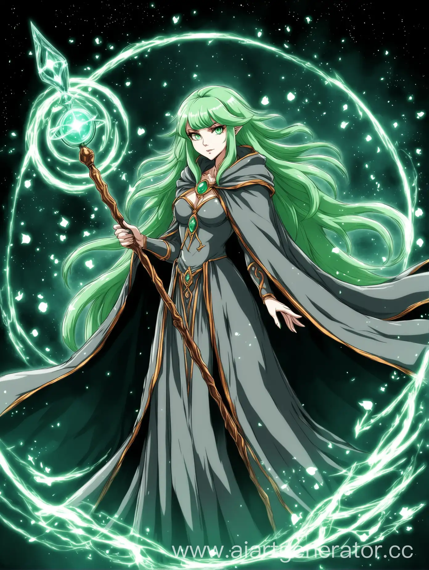 Чародейка с светло-зеленными волосами и серым плащем и с магическим боевым посохом. В аниме стиле