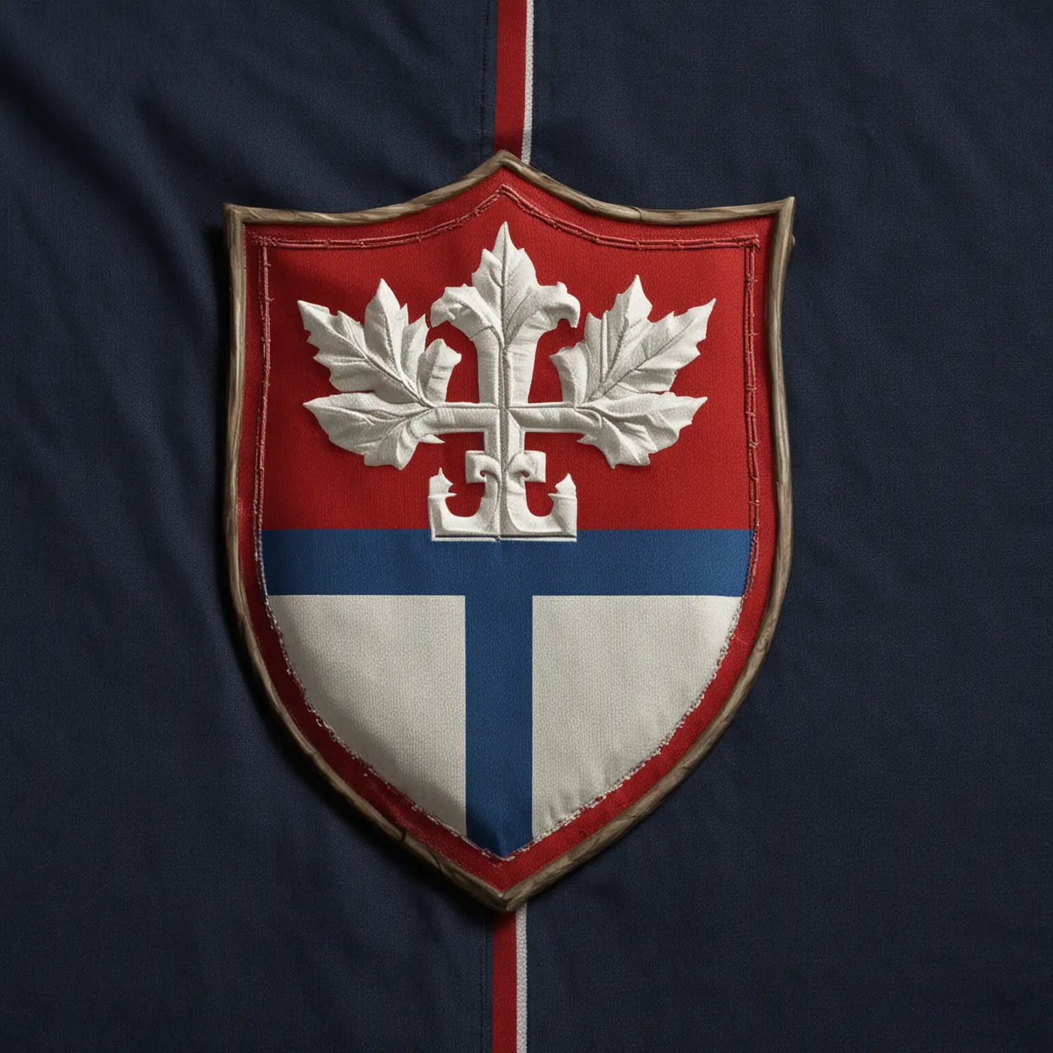 The image shows a close-up of a sports jersey featuring the emblem of Slovakia. The emblem is prominently displayed in the center of the image. The background of the emblem is a dark blue fabric with thin, horizontal white lines running across it, giving it a textured appearance.

The Slovak emblem itself is a shield with a red background. In the center of the shield is a white double cross (patriarchal cross) standing on three blue hills. The design is bold and clear, with the white double cross contrasting sharply against the red background of the shield. The blue hills at the bottom of the shield are stylized and form a rounded shape, adding a visual balance to the emblem.

The upper part of the image has a horizontal red stripe running along the top edge of the jersey, with a small portion of a white collar visible above it. The emblem is bordered by a white outline, which further enhances its visibility against the dark blue background.

The overall composition focuses on the details of the emblem and the texture of the fabric, highlighting the craftsmanship and design elements of the jersey. The colors are vivid, with the red, white, and blue elements representing the national colors of Slovakia. 