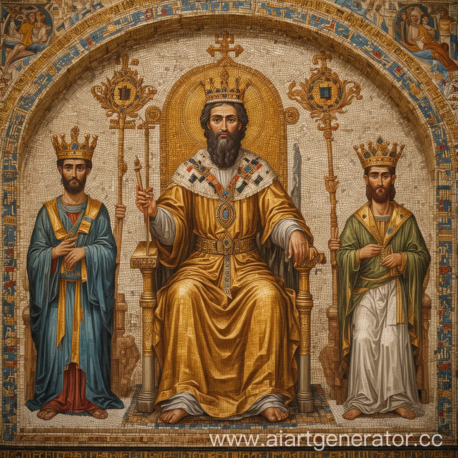 Medieval-Orthodox-Mosaic-of-Christian-Arabic-King-on-Throne-with-Regalia