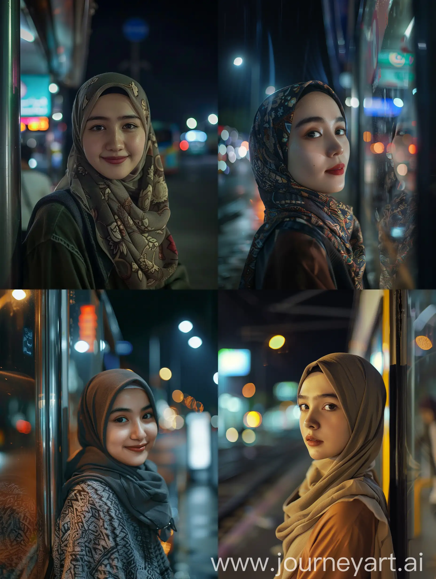 a 18 y.o. Indonesia girl,solo,scarf,hijab,smile,beautiful, At night,  bus stop,8K HD. 