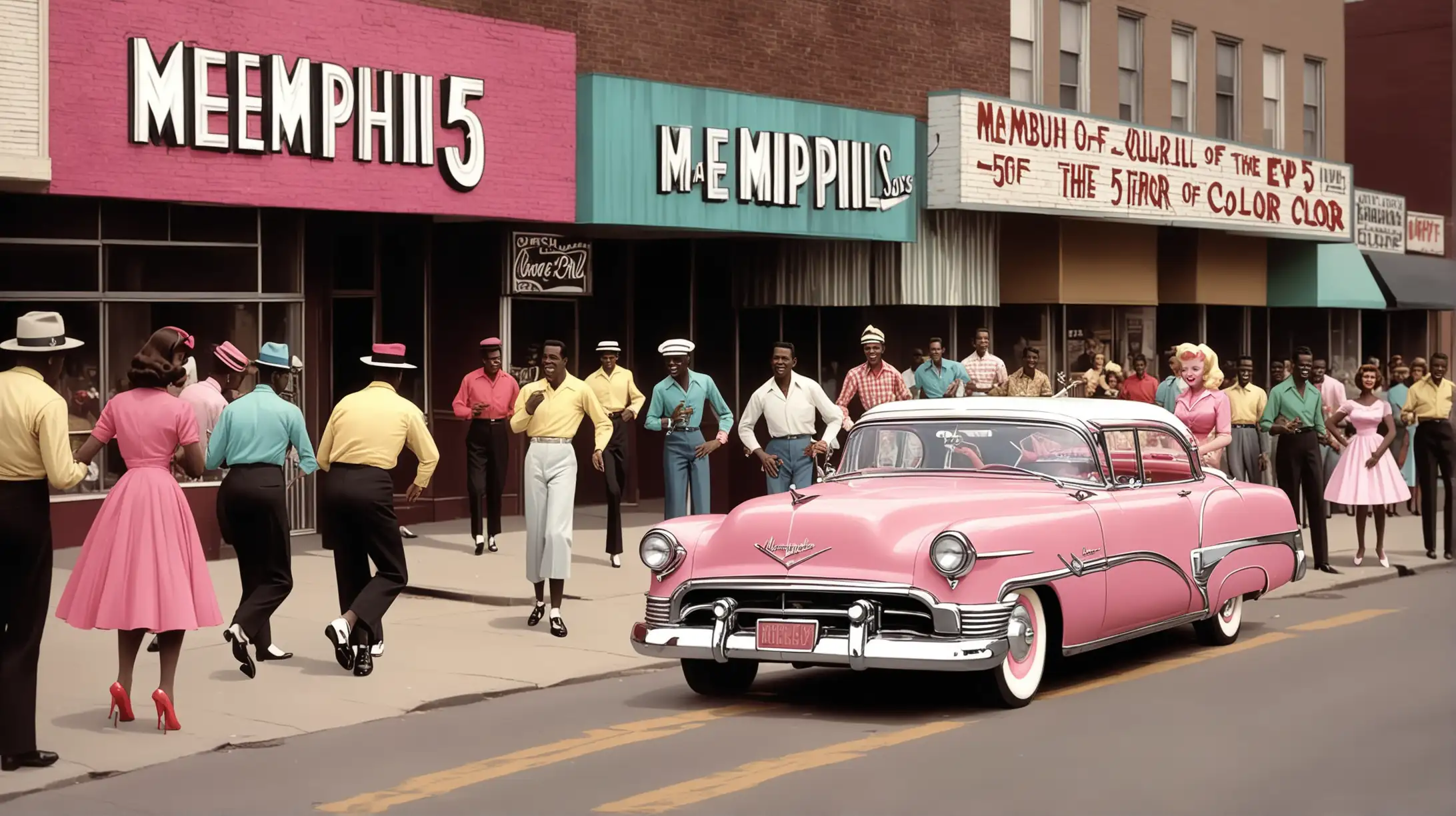 Rock'n roll des années 50 dans une rue de Memphis en couleur