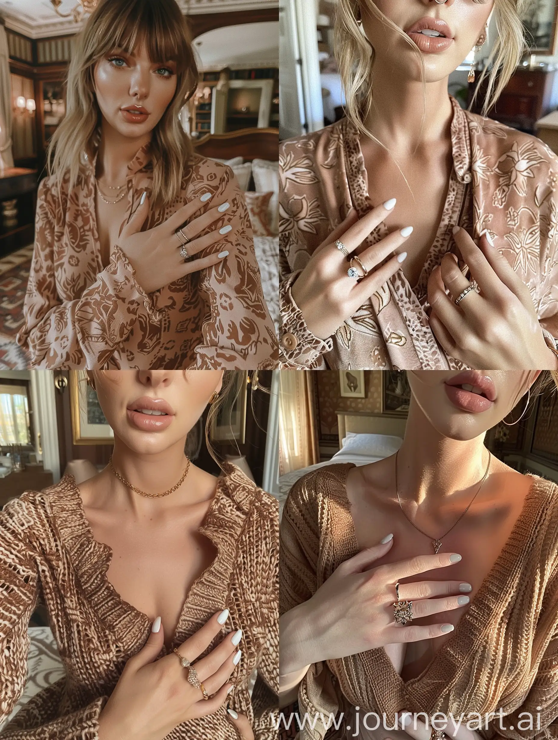 Aesthetic Instagram selfie of Taylor Swift wearing comfortable clothes, warm brown tones, in a fancy New York apartment, close up selfie, manicured, white gel nail polish, one hand holding chest, rings